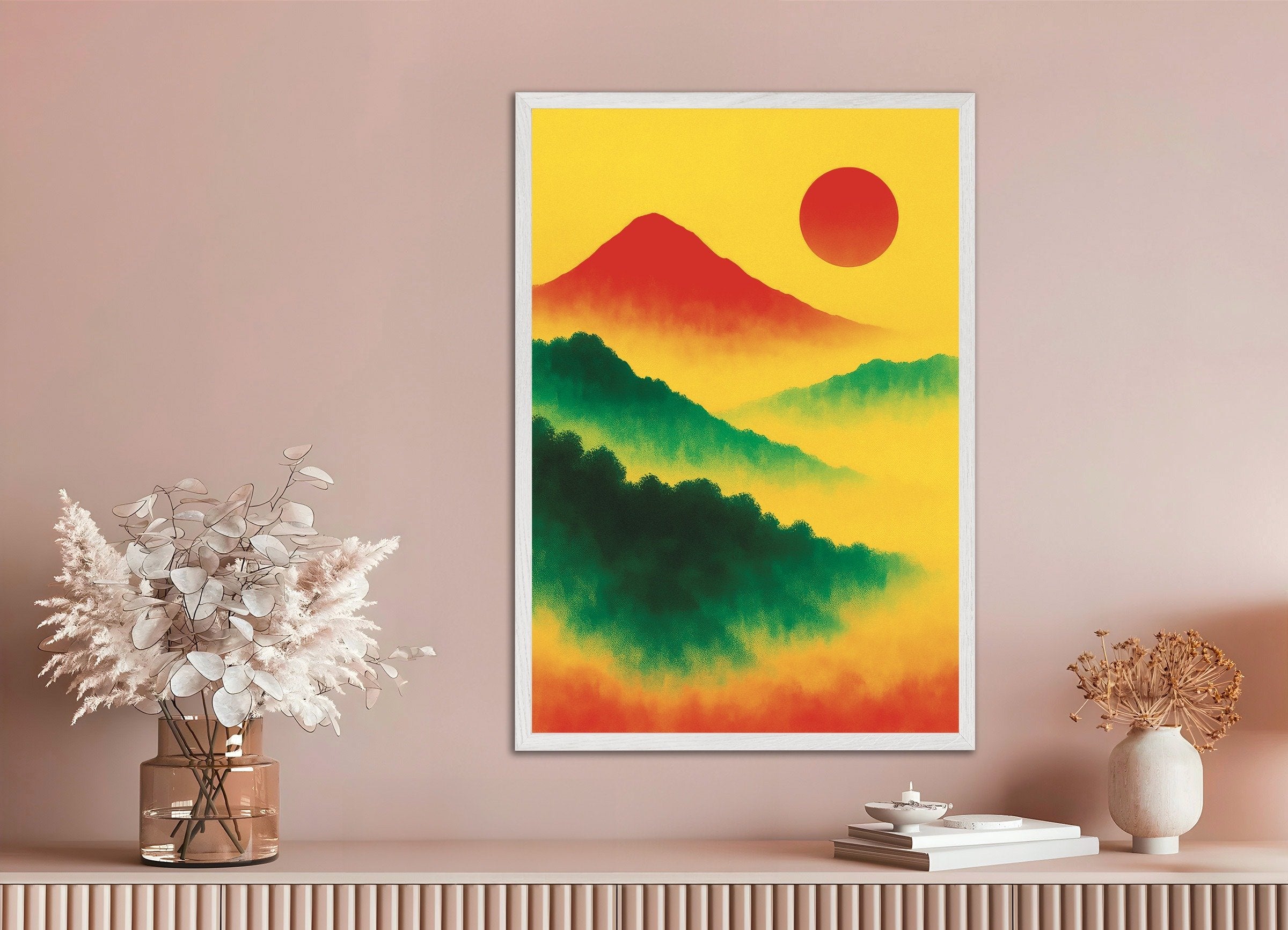 Poster of Red sun landscape art print, with white wooden frame