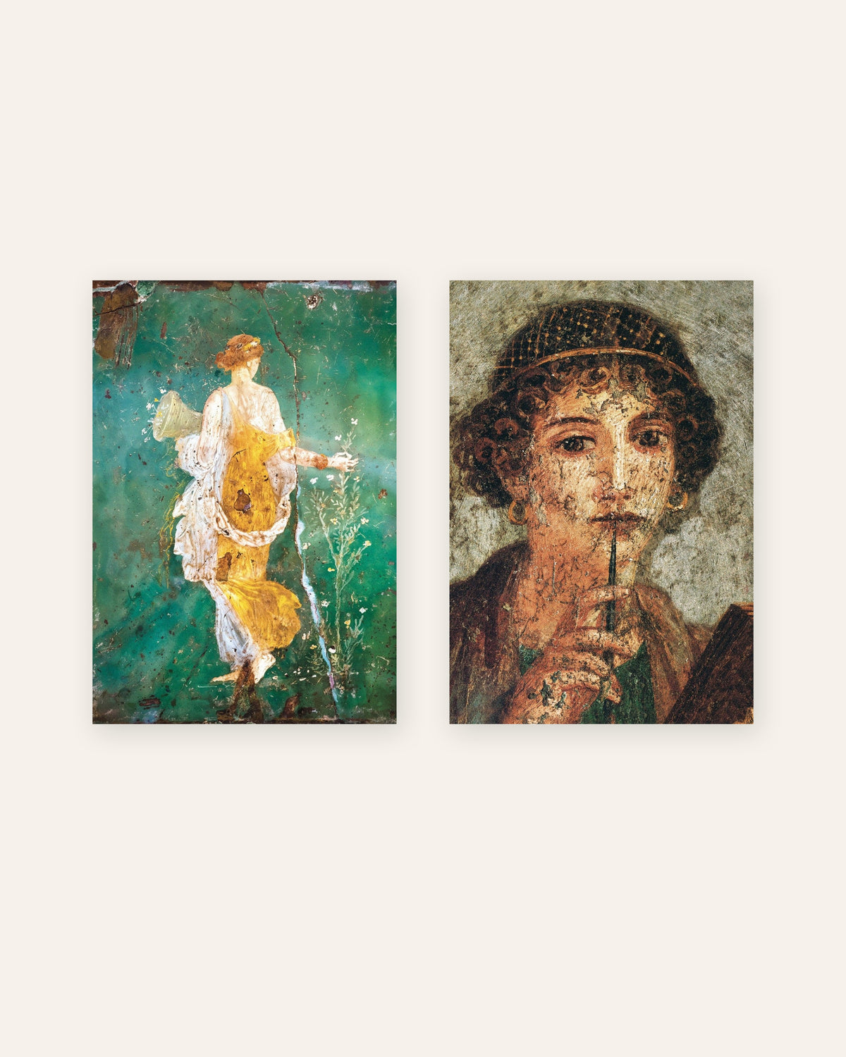 Set van 2 posters met Romeinse fresco’s, Flora en Sappho, zonder lijst