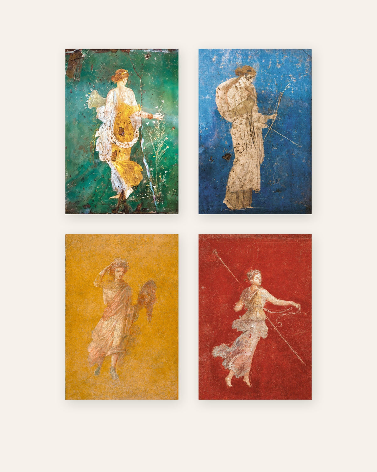 Set van 4 posters met Romeinse fresco’s, Flora, Artemis, Melpomene en Maenade, zonder lijst