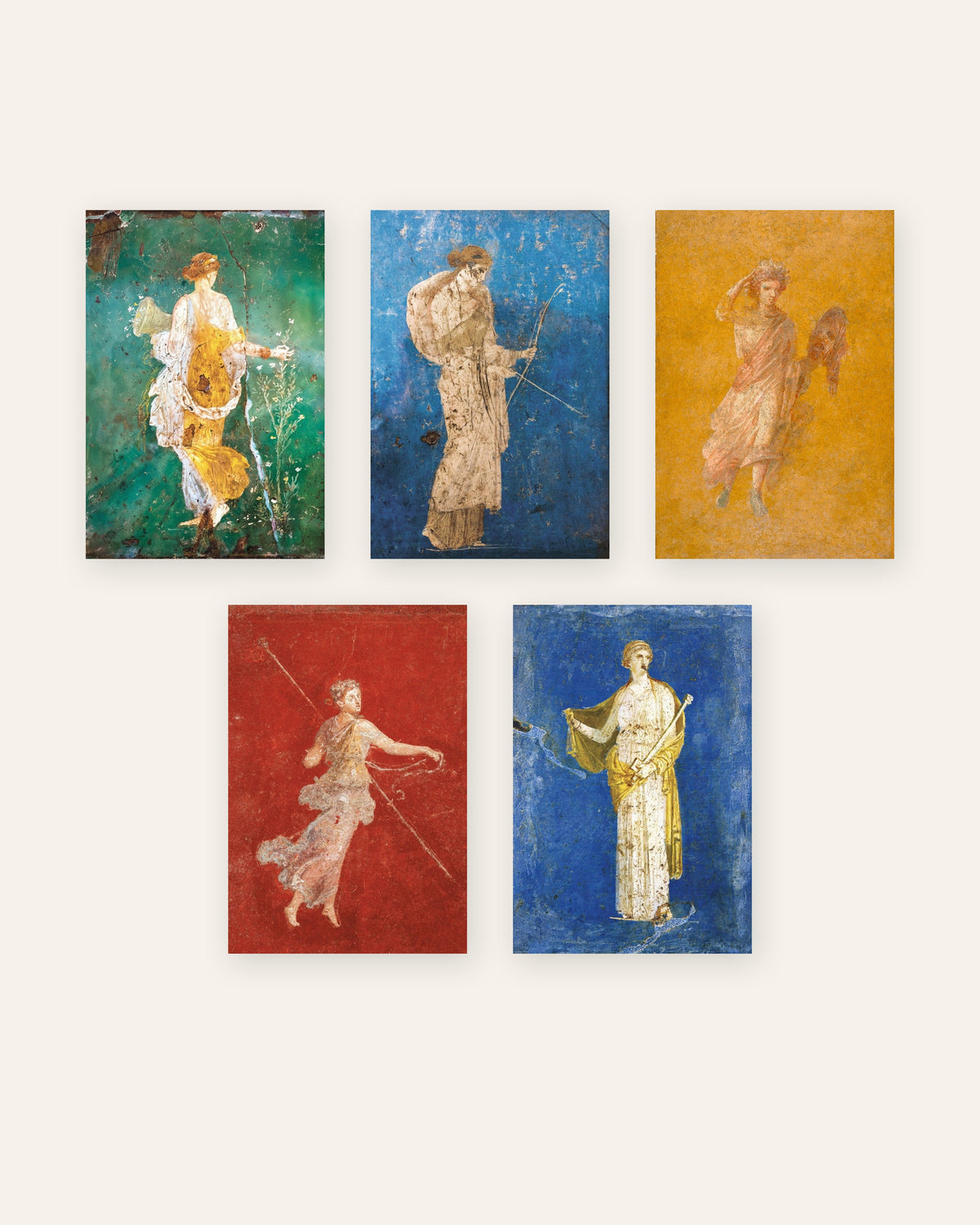 Set van 5 posters met Romeinse fresco’s, Flora, Artemis, Melpomene, Maenade en Medea, zonder lijst