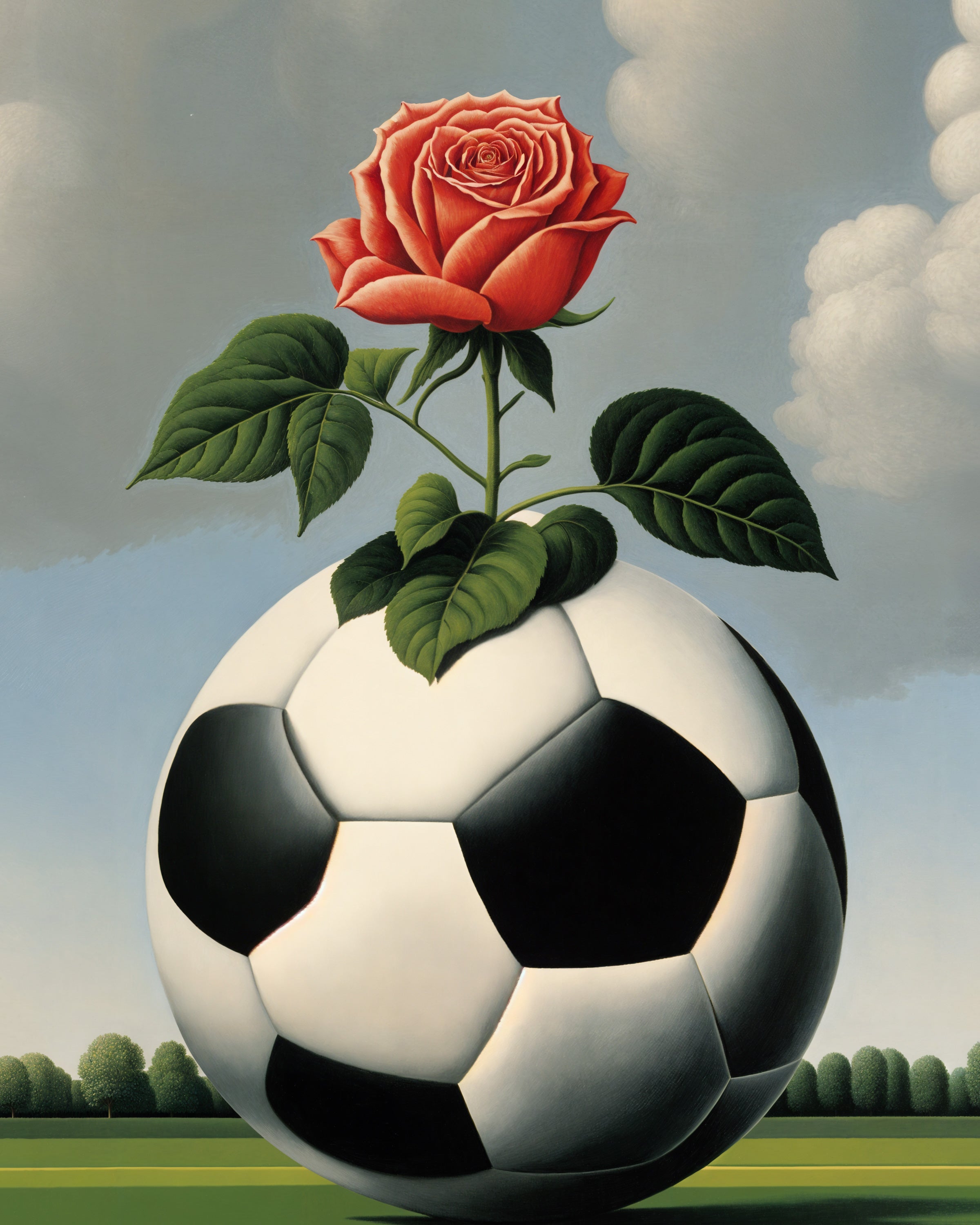 Soccer ball with a red rose emerging from it against a sky background