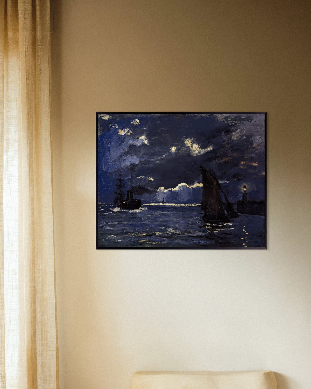 Poster Zeegezicht, schepen bij maanlicht (1864) van Claude Monet met metalen lijst