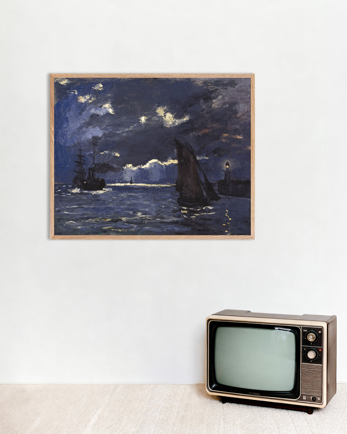 Poster Zeegezicht, schepen bij maanlicht (1864) van Claude Monet met naturel houten lijst