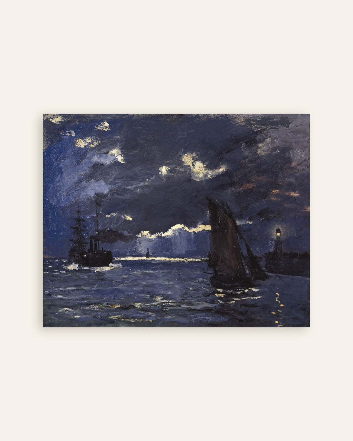 Poster Zeegezicht, schepen bij maanlicht (1864) van Claude Monet, miniatuur