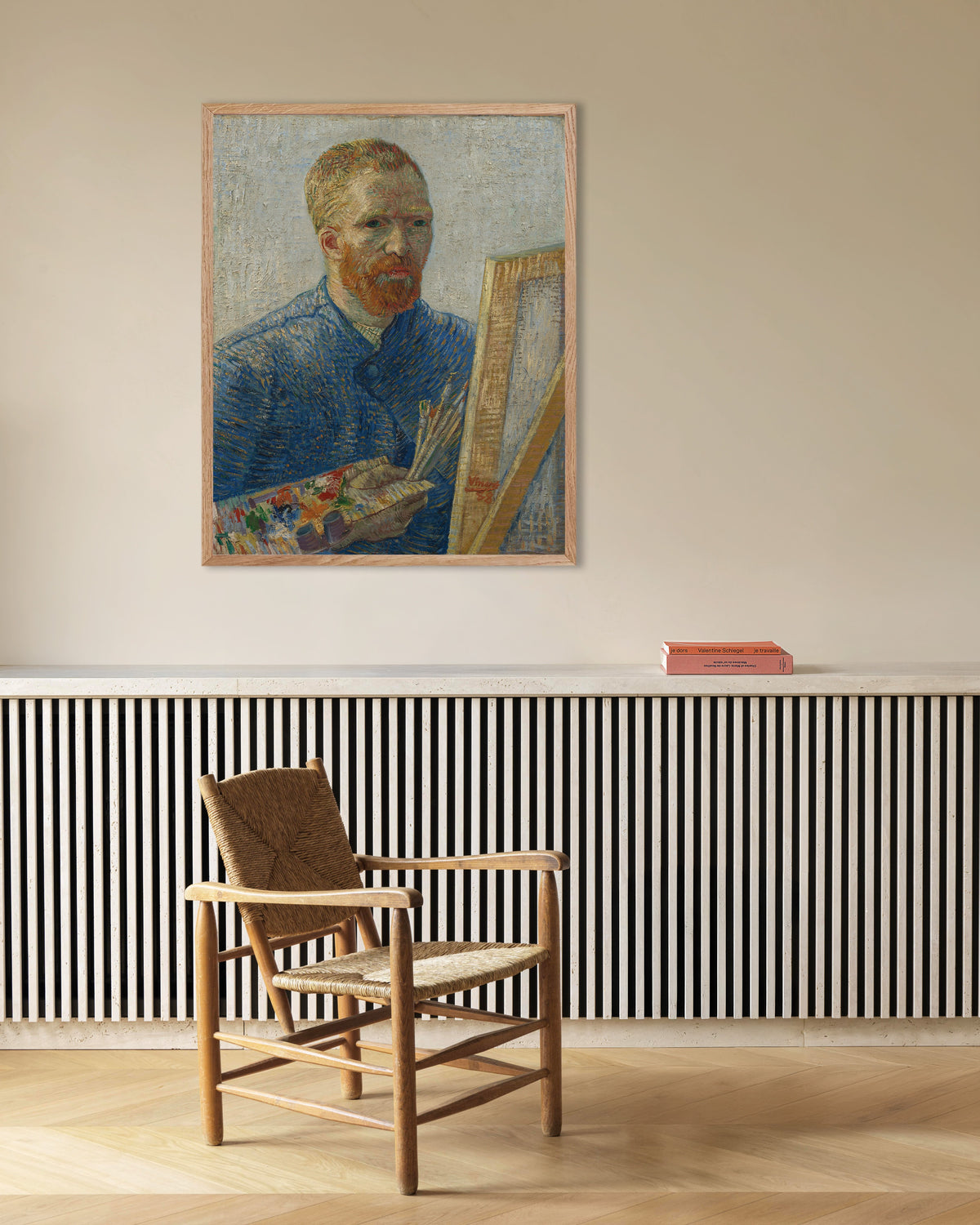 Poster van Zelfportret als schilder (1888) van Vincent van Gogh, met een lijst van naturel hout