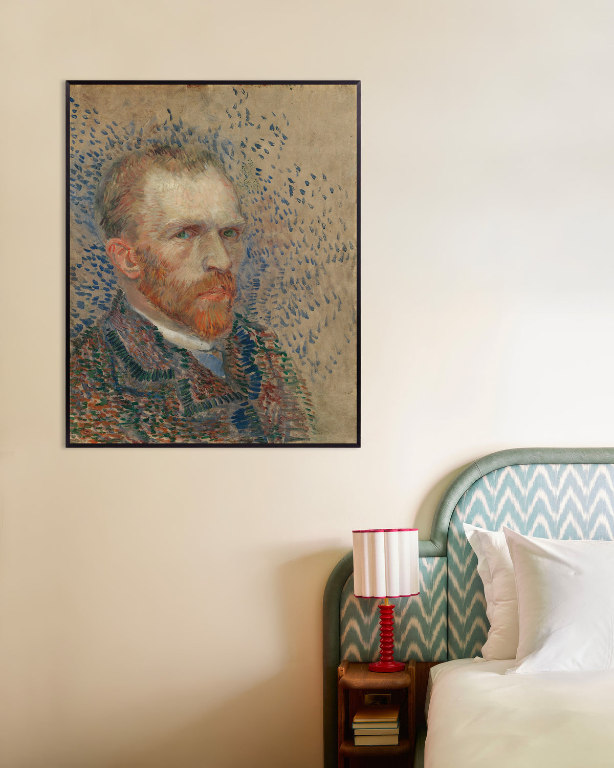 Poster van Zelfportret met blauwe strepen (1887) van Vincent van Gogh, met metalen lijst