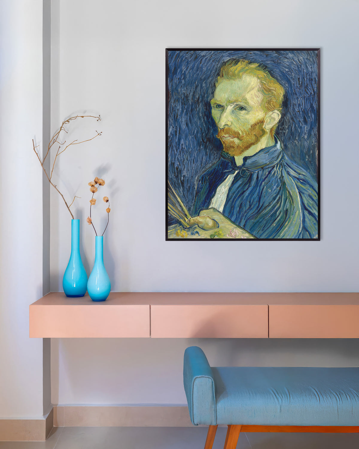 Poster van Zelfportret met palet (1889) van Vincent van Gogh, met metalen lijst