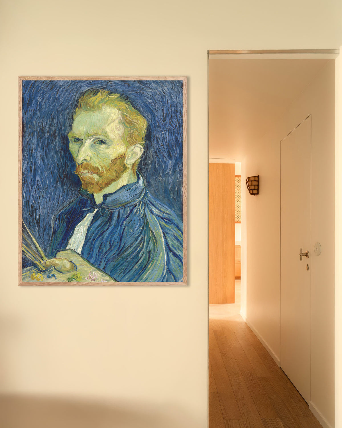 Poster van Zelfportret met palet (1889) van Vincent van Gogh, met naturel houten lijst
