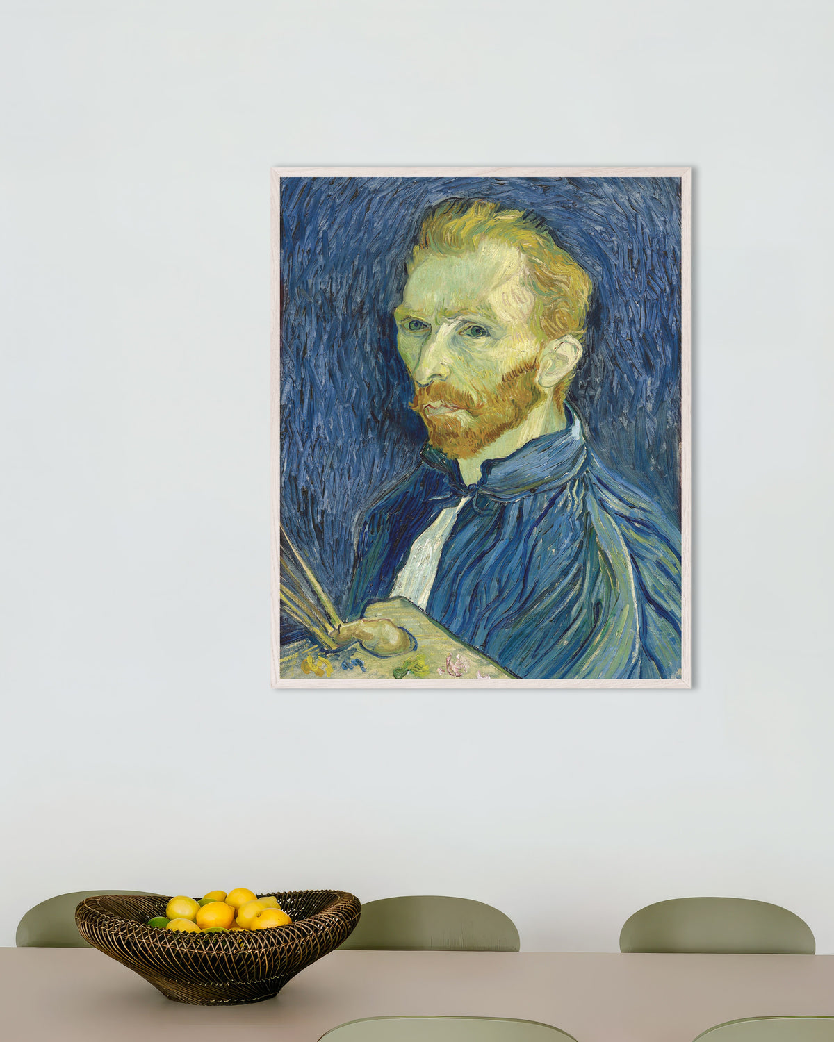 Poster van Zelfportret met palet (1889) van Vincent van Gogh, met witte houten lijst