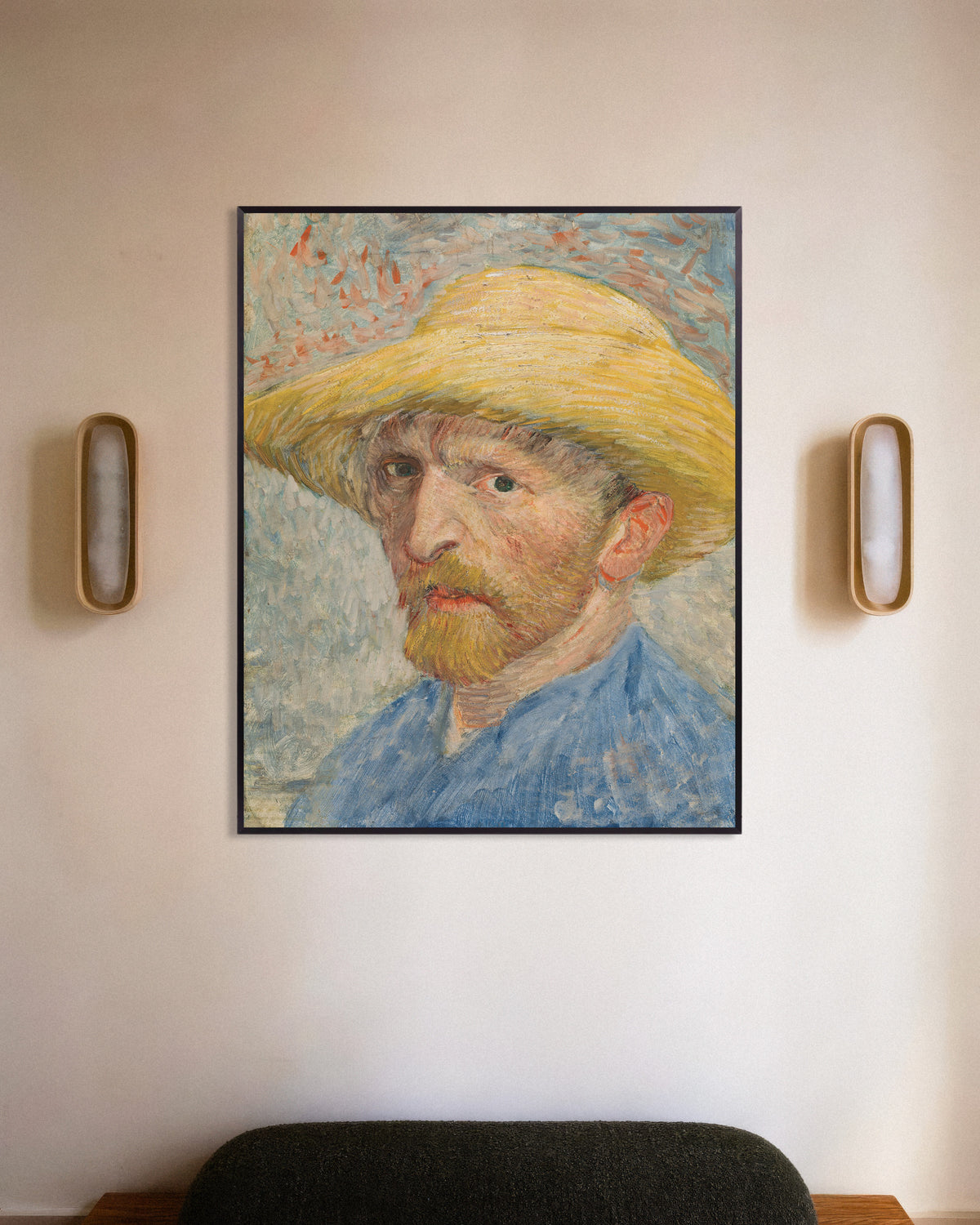 Poster van Zelfportret met strohoed en blauwe kiel (1887) van Vincent van Gogh, met metalen lijst