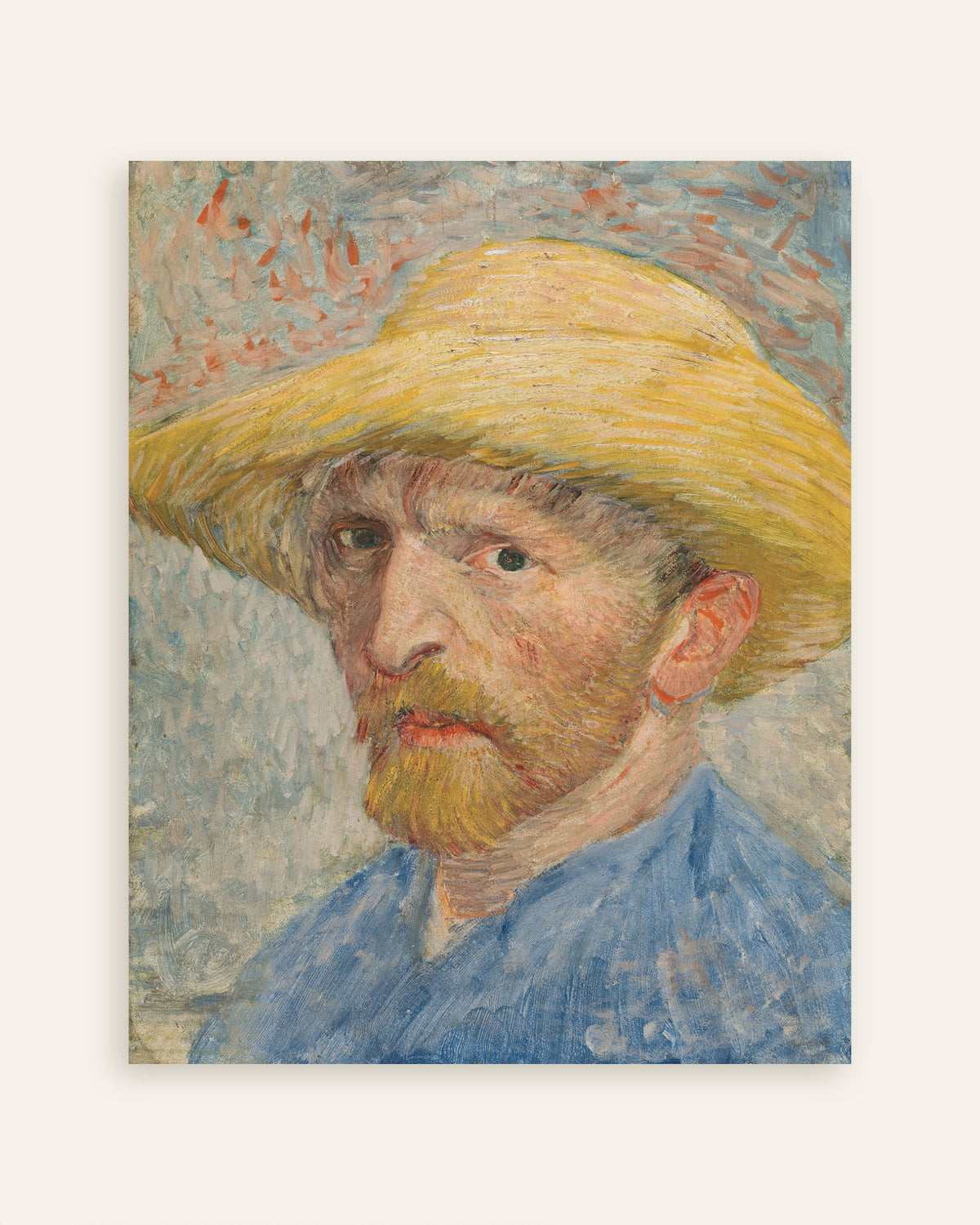 Poster van Zelfportret met strohoed en blauwe kiel (1887) van Vincent van Gogh, miniatuur