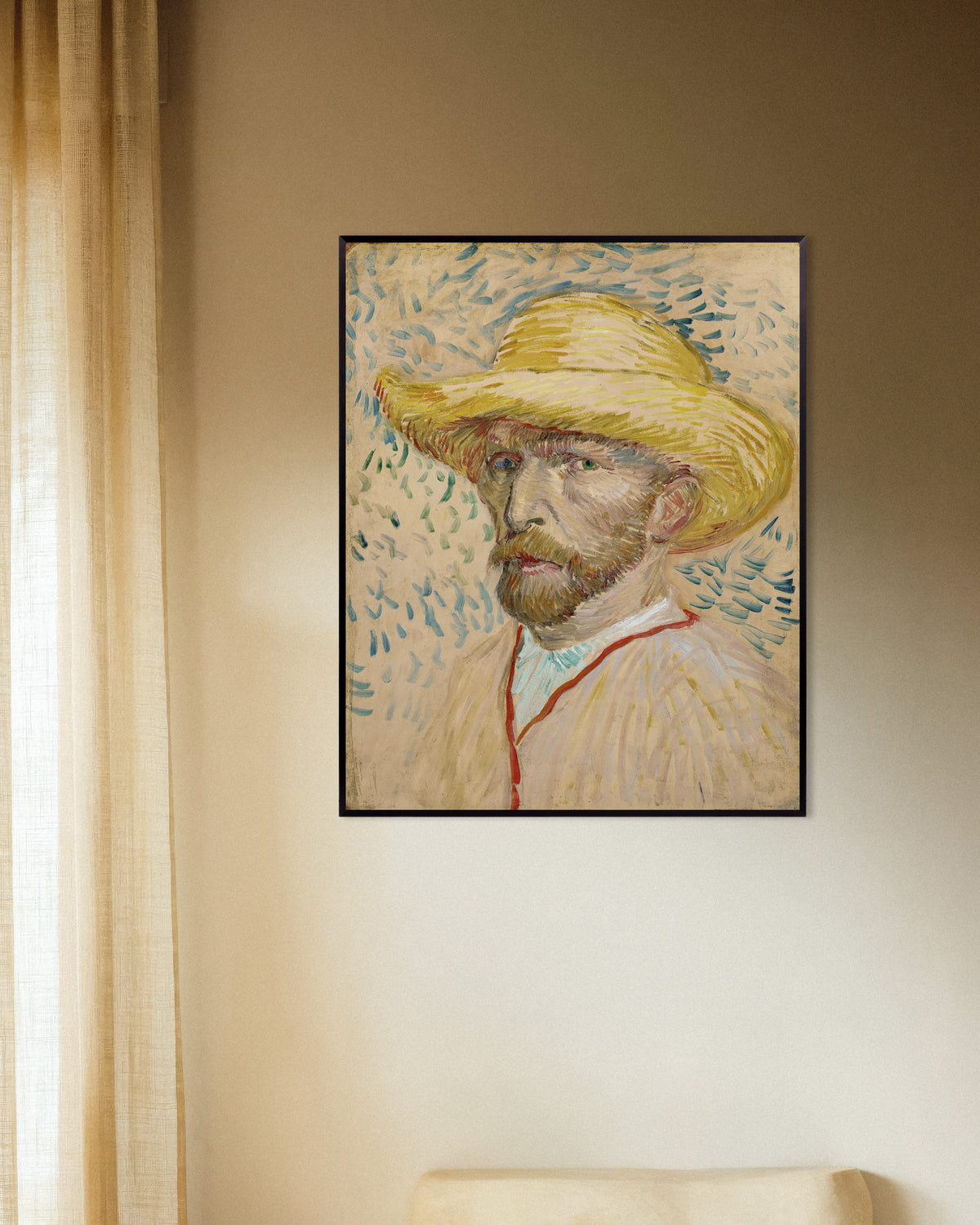 Poster van Zelfportret met strohoed en schilderskiel (1887) van Vincent van Gogh, met metalen lijst