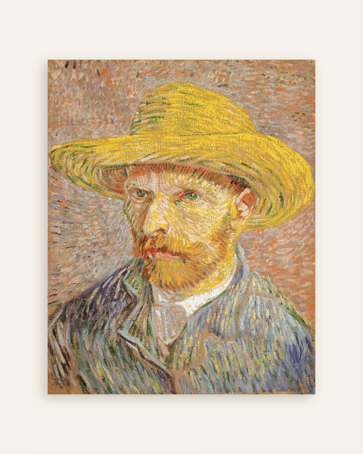 Poster van Zelfportret met strohoed tegen een oranje achtergrond (1887) van Vincent van Gogh, miniatuur