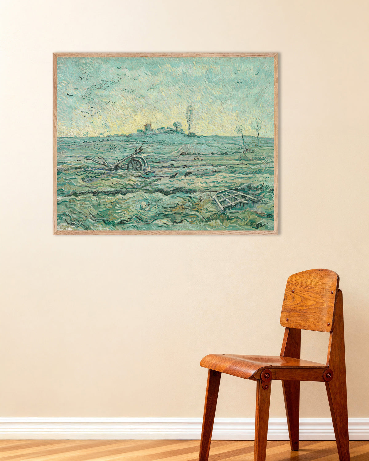 Poster van Besneeuwd veld met een eg, naar Millet (1890) van Vincent van Gogh, met lijst van naturel hout