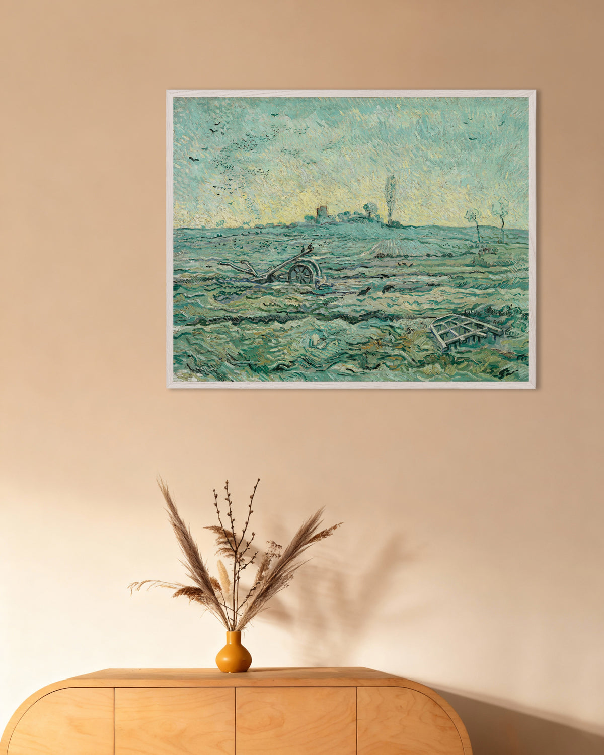Poster van Besneeuwd veld met een eg, naar Millet (1890) van Vincent van Gogh, met witte houten lijst