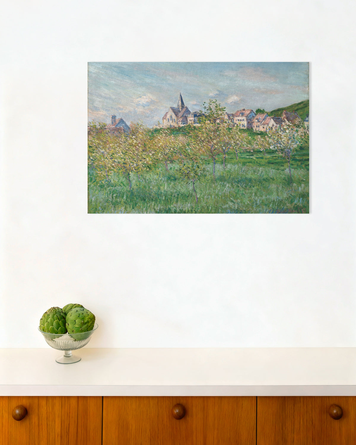 Poster Lente in Giverny, middageffect (1885) van Claude Monet