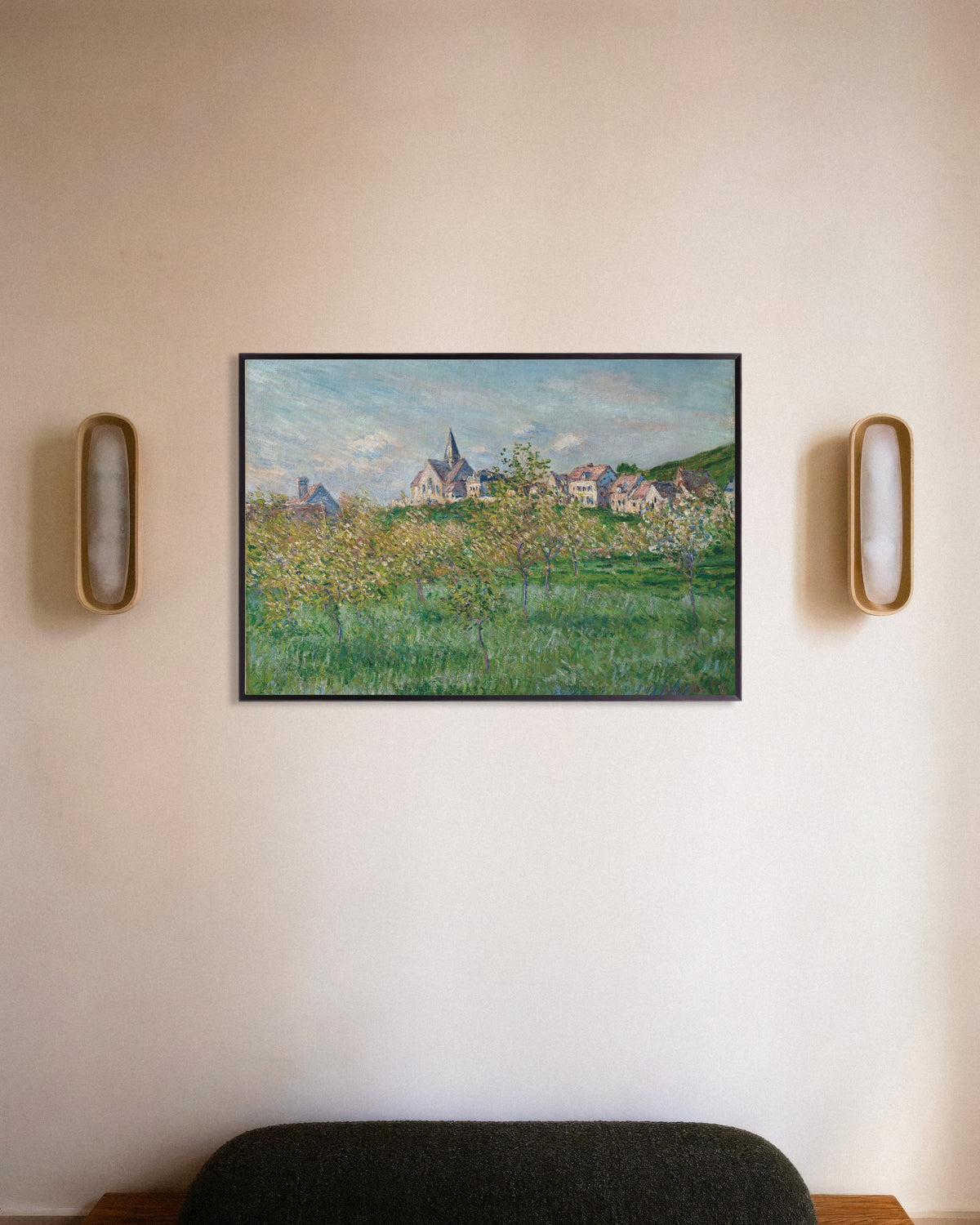 Poster Lente in Giverny, middageffect (1885) van Claude Monet met metalen lijst