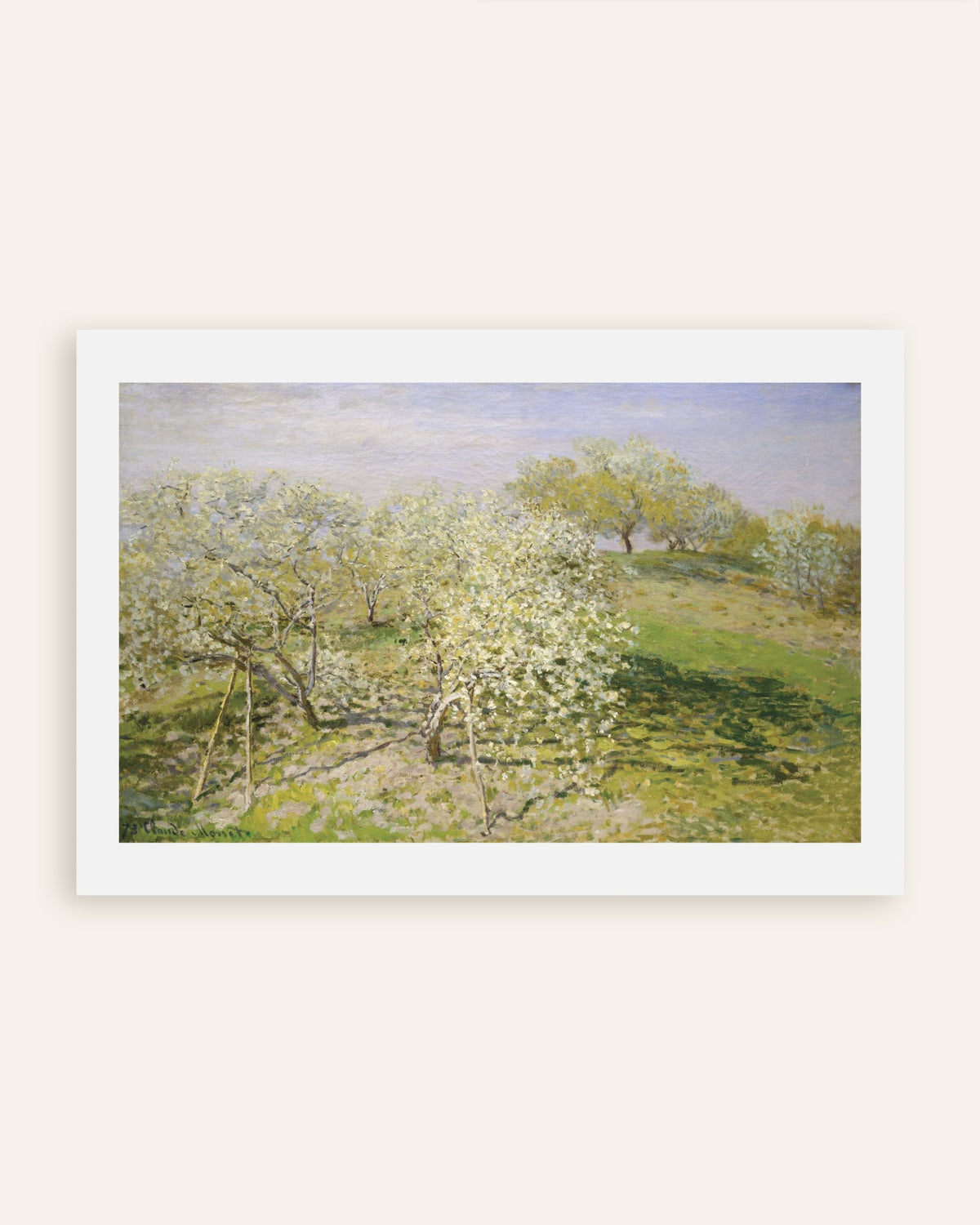 Poster Lente, bloeiende fruitbomen (1873) van Claude Monet, miniatuur