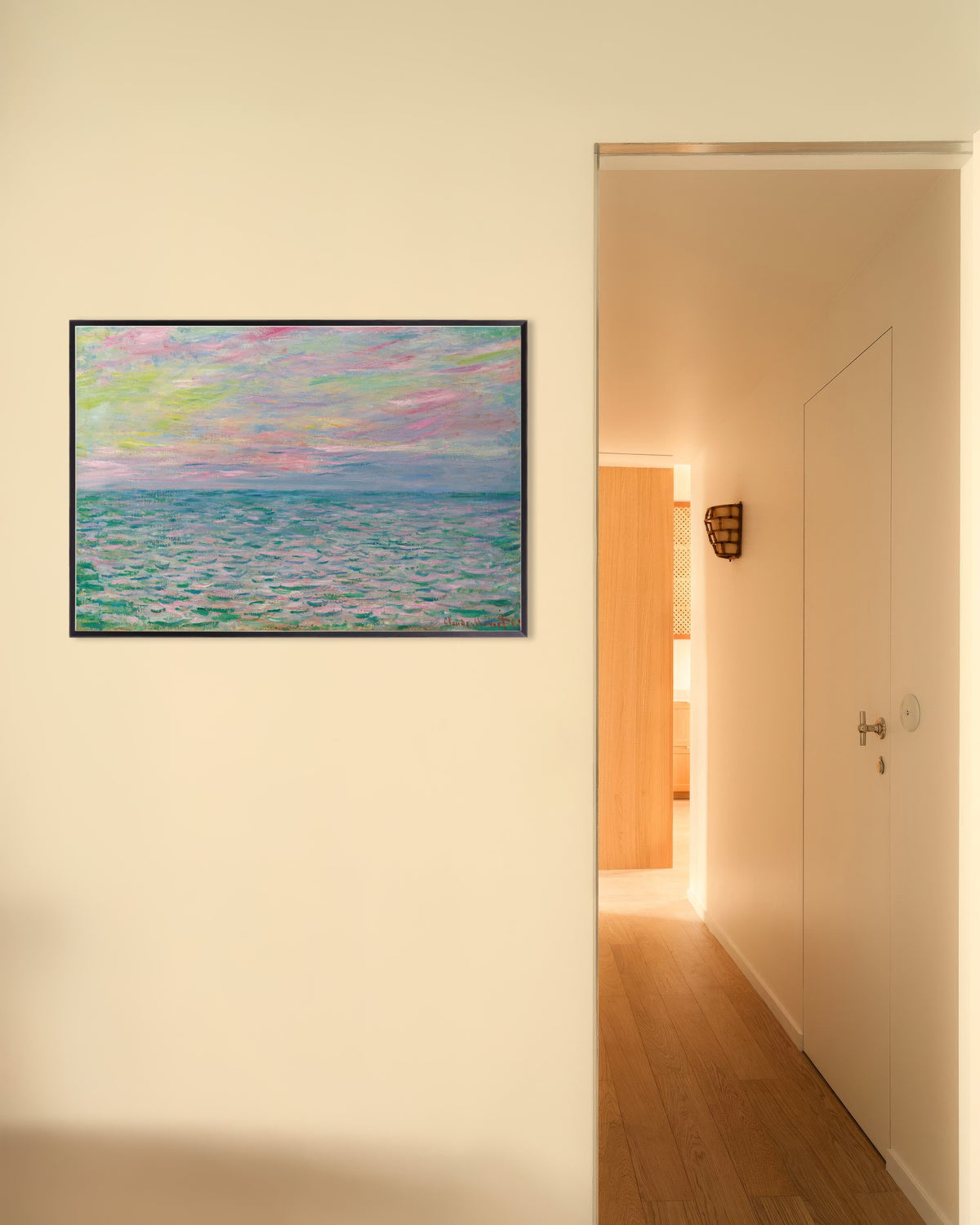 Poster Zonsondergang bij Pourville, open zee (1882) van Claude Monet met metalen lijst