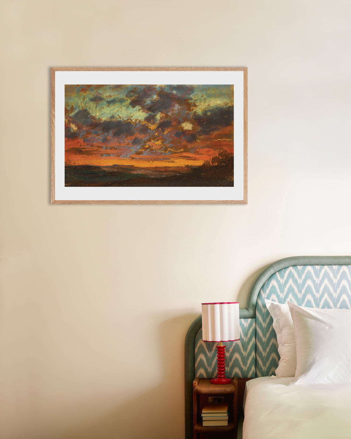 Poster Zonsondergang (ca. 1868) van Claude Monet met naturel houten lijst