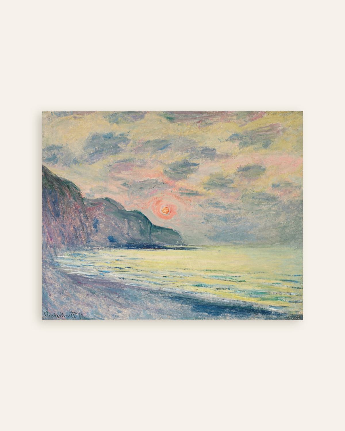 Poster Zonsondergang, nevelig weer, Pourville (1882) van Claude Monet, miniatuur