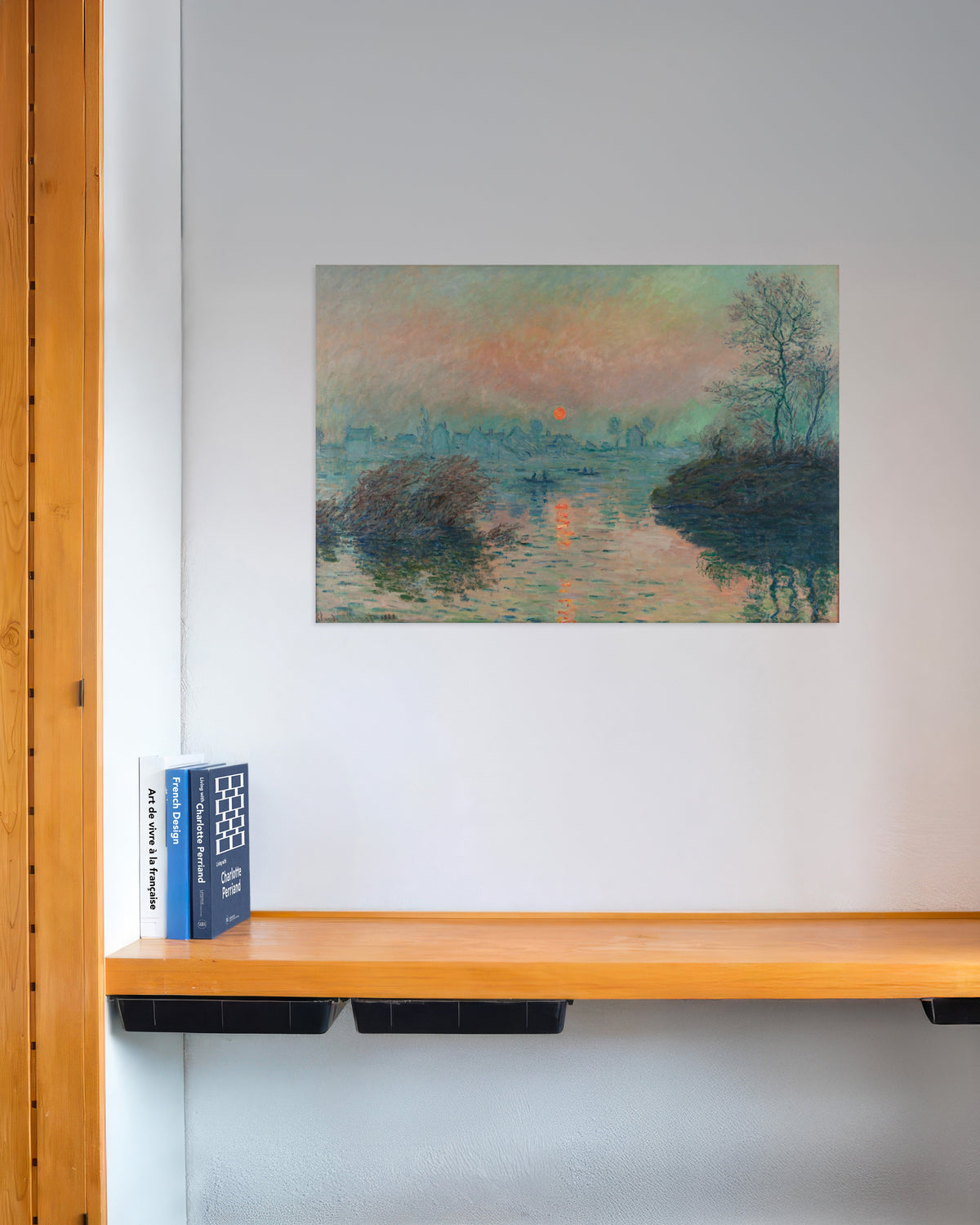 Poster Zonsondergang op de Seine bij Lavacourt, wintereffect (1880) van Claude Monet