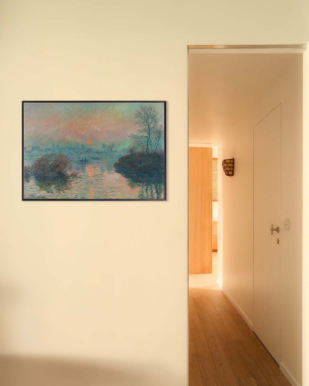Poster Zonsondergang op de Seine bij Lavacourt, wintereffect (1880) van Claude Monet met metalen lijst
