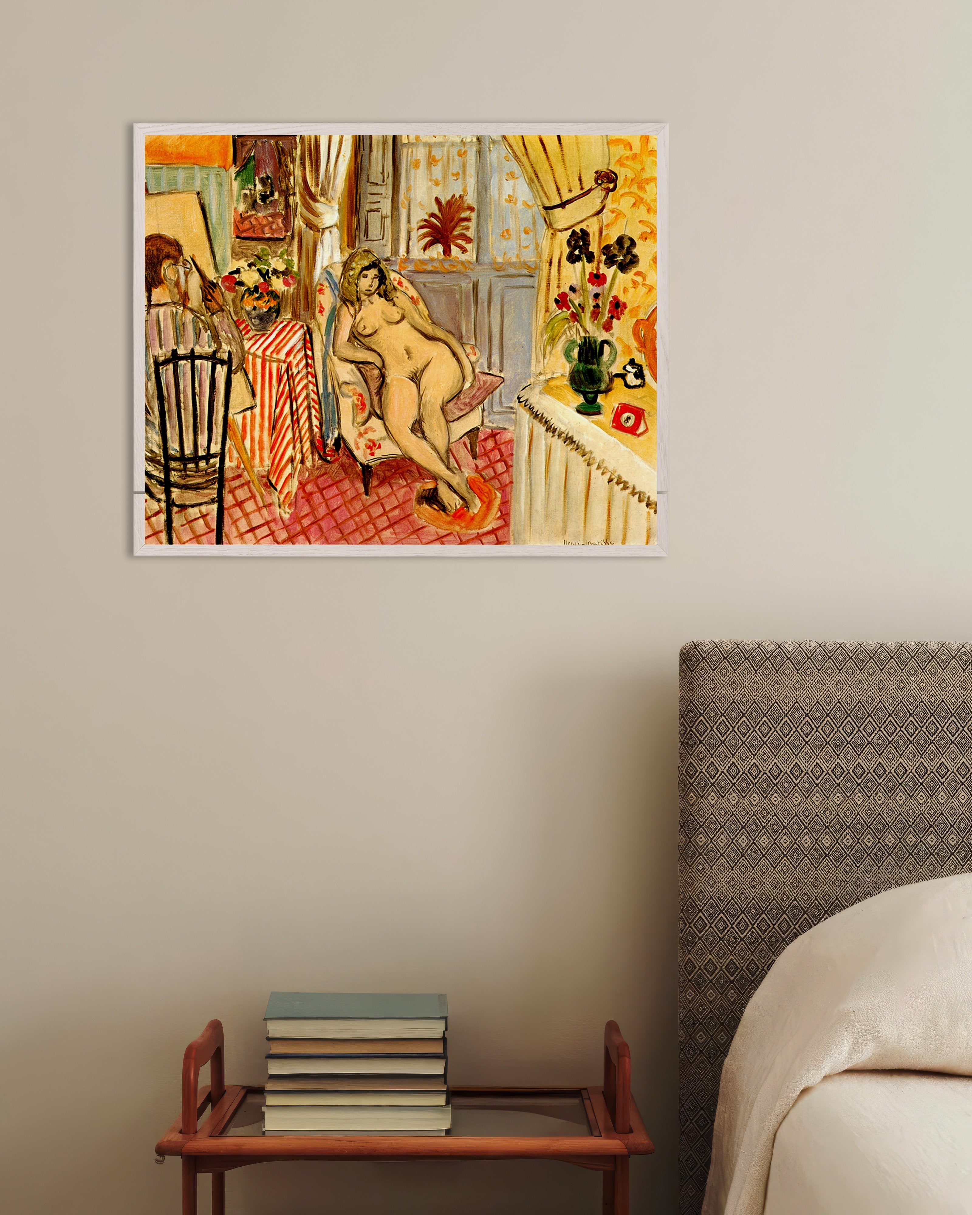 Poster of The artist and his model (1919) by Henri Matisse, with white wooden frame