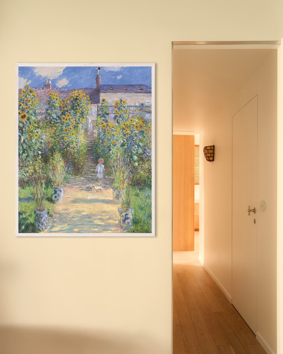 Poster De tuin van de kunstenaar in Vétheuil (1881) van Claude Monet met witte houten lijst