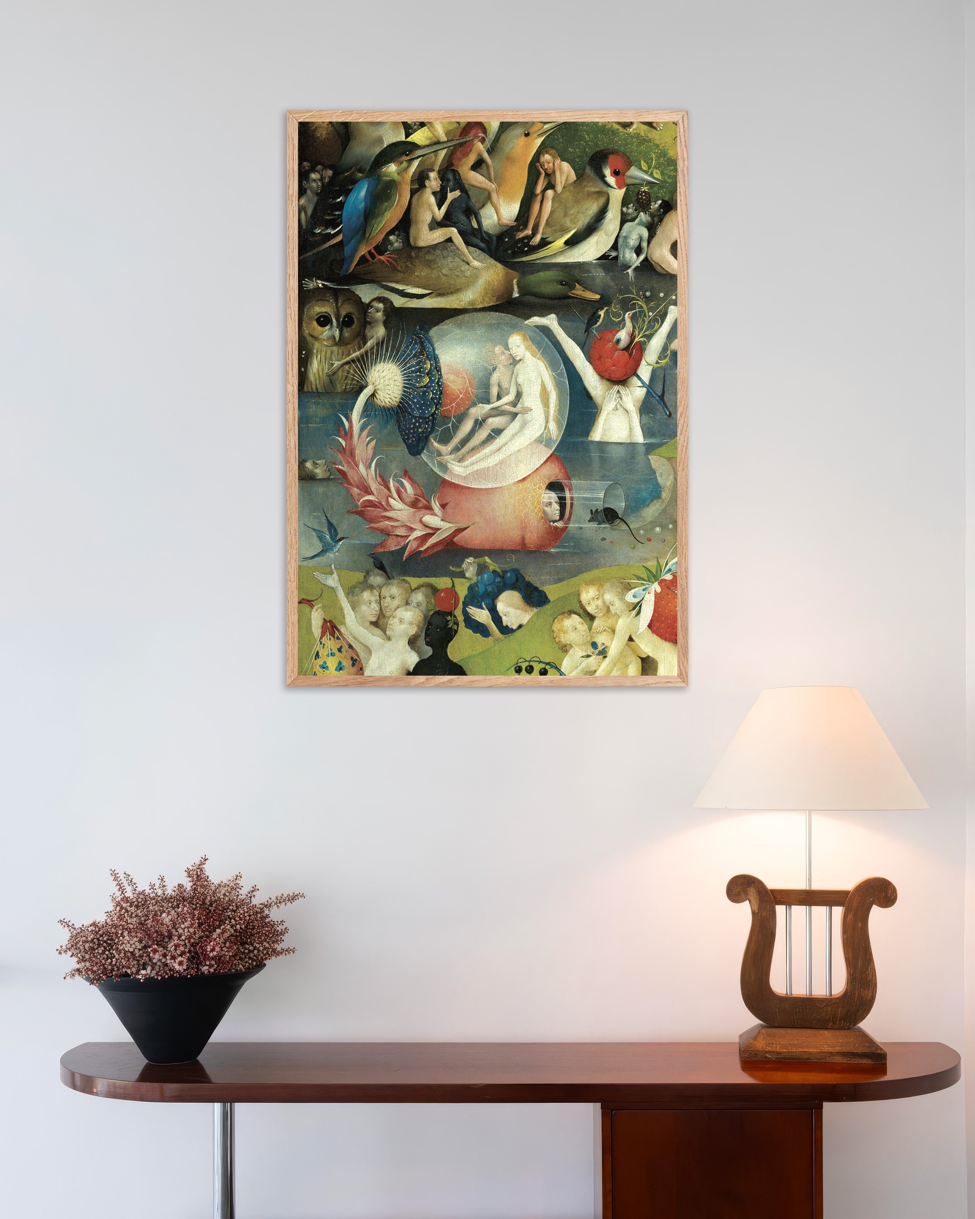 Poster of The bubble and the giant birds - Detail from the Garden of Earthly Delights, with natural wooden frame