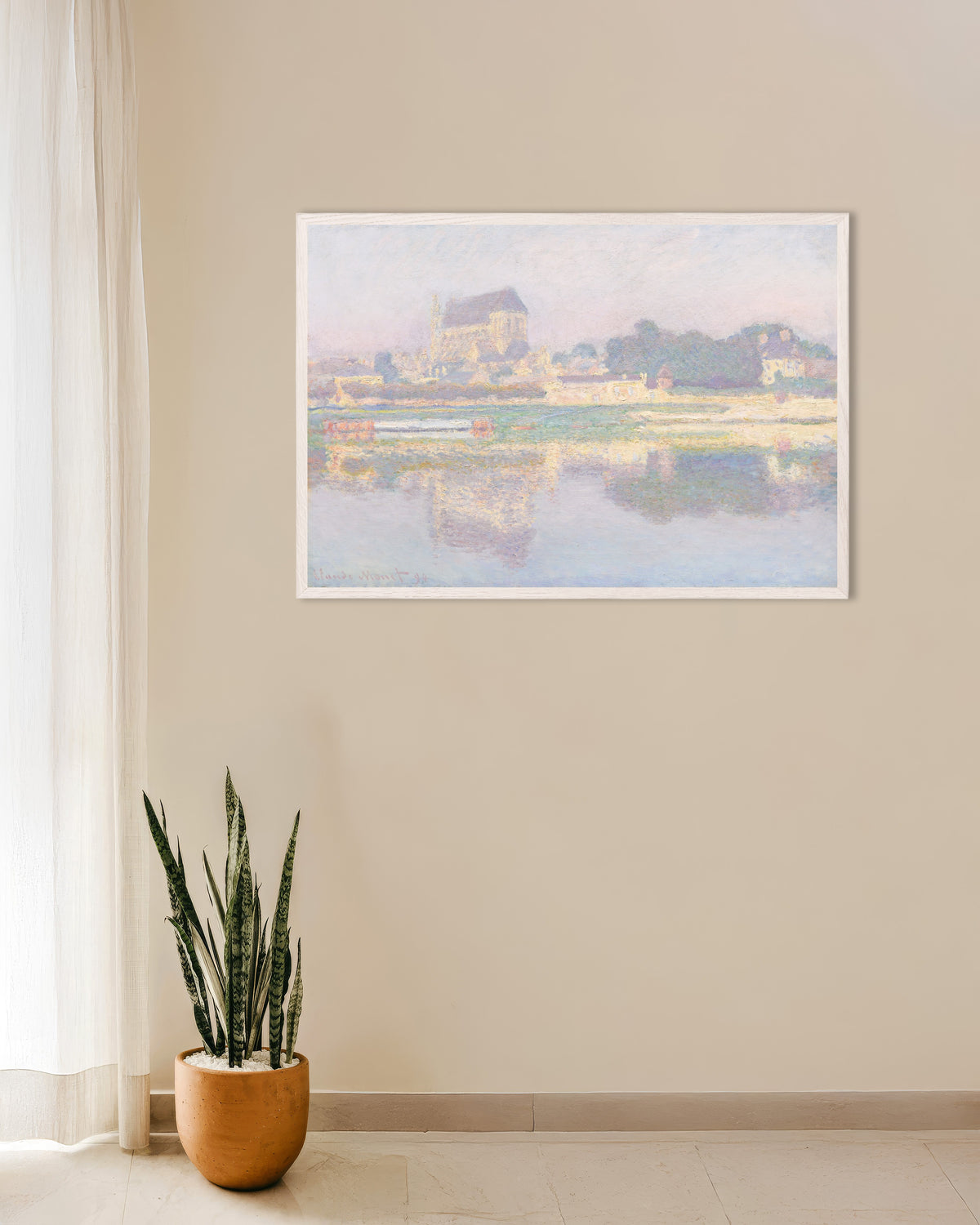 Poster De kerk van Vernon, zon (1894) van Claude Monet met witte houten lijst