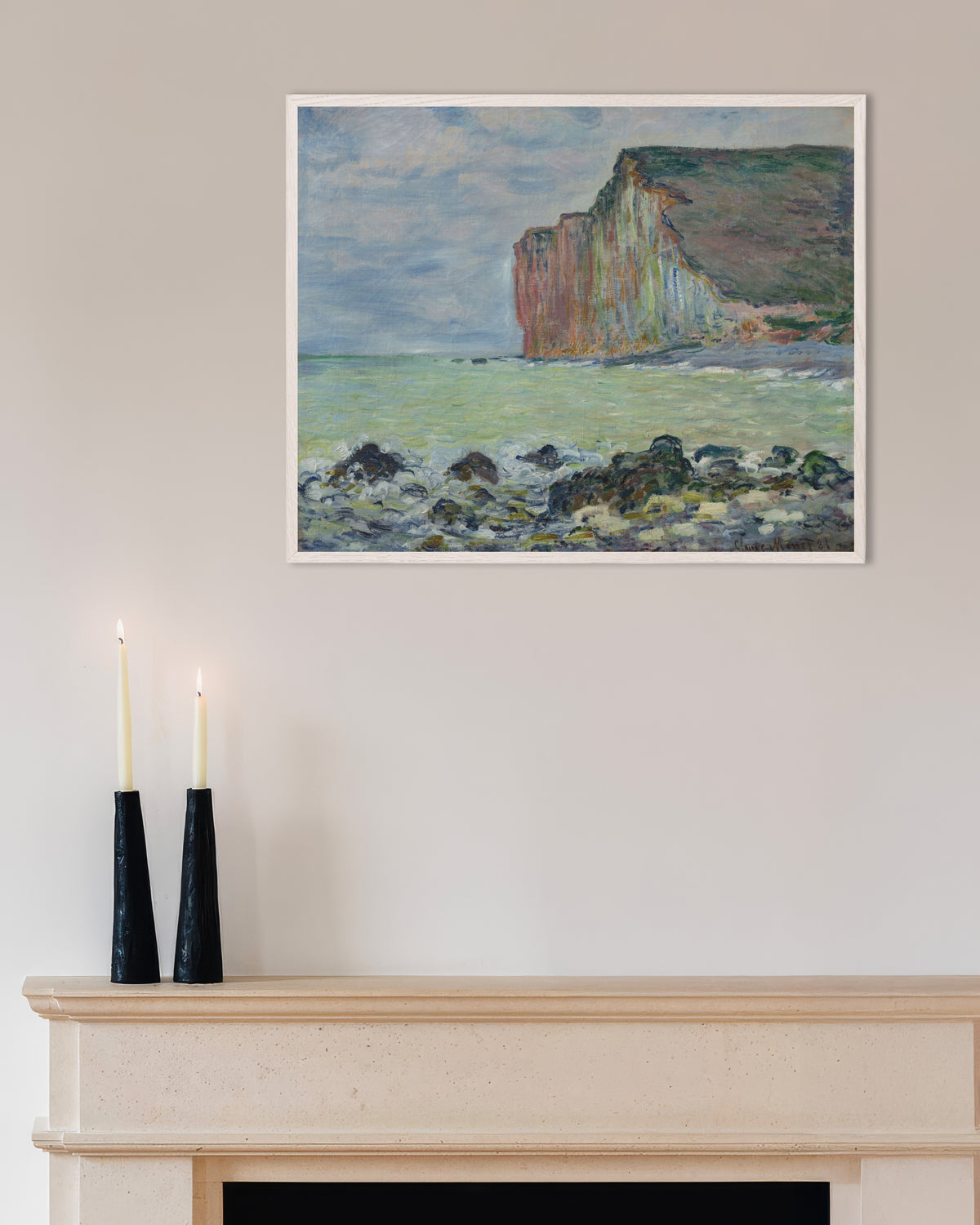 Poster De klif bij Les Petites-Dalles (1881) van Claude Monet met witte houten lijst
