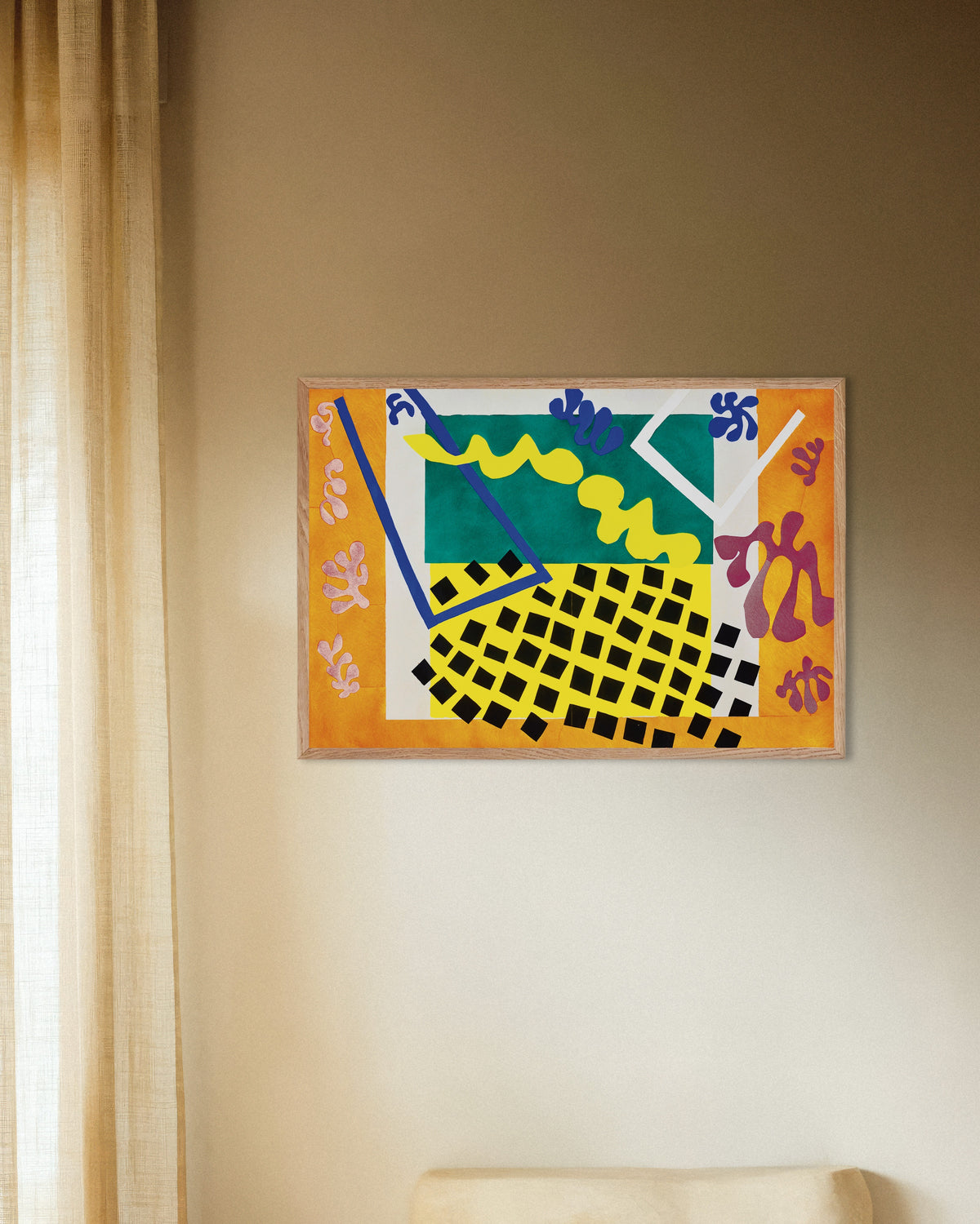 Poster van The Codomas (Jazz, 1947) van Henri Matisse, met naturel houten lijst
