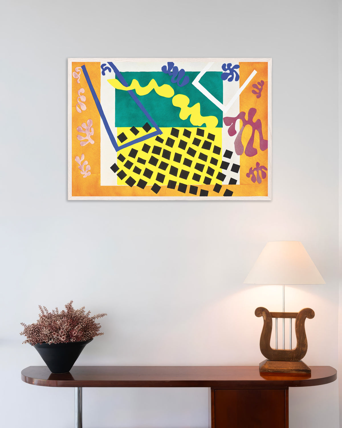 Poster van The Codomas (Jazz, 1947) van Henri Matisse, met witte houten lijst