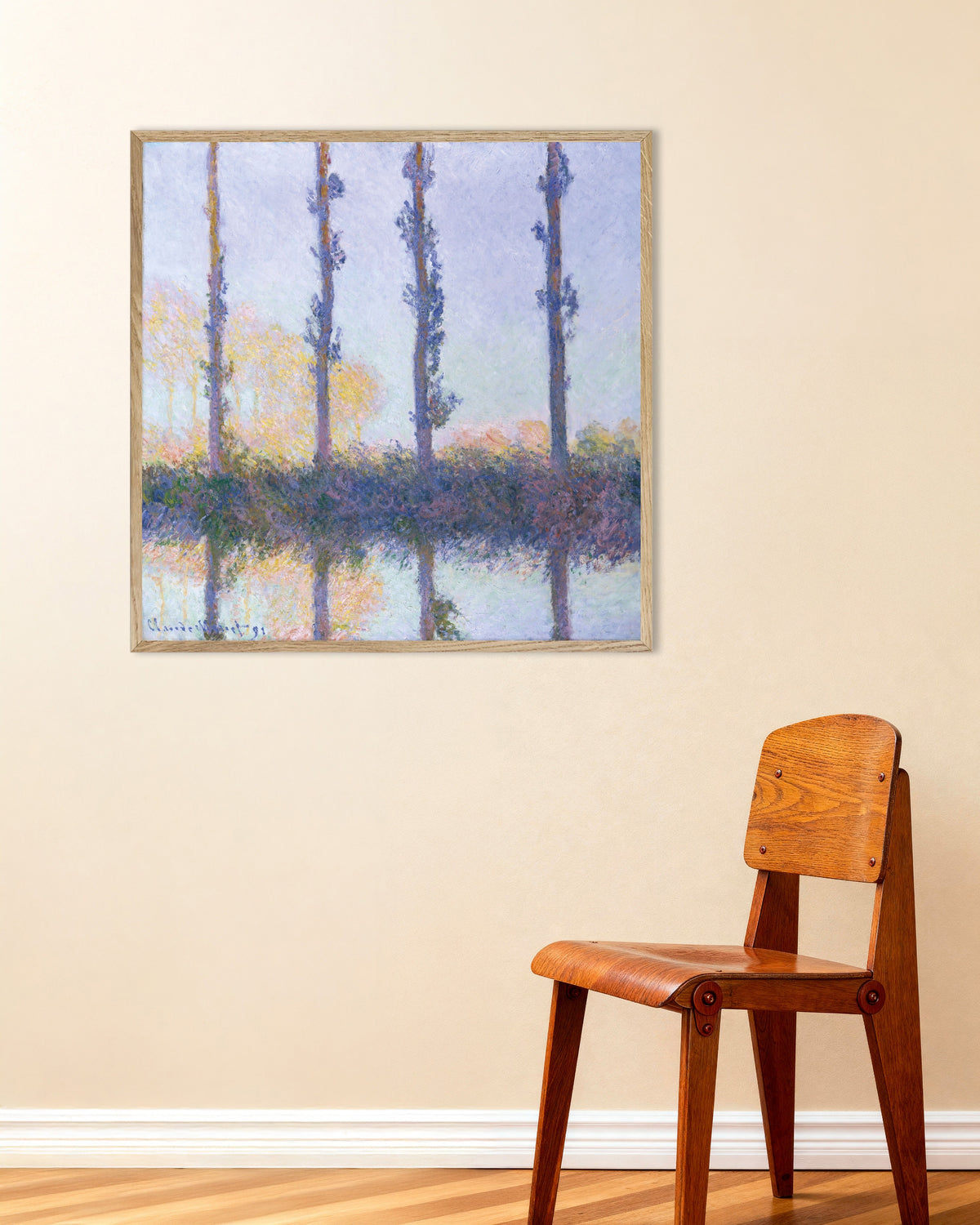 Poster De vier bomen (1891) van Claude Monet met naturel houten lijst