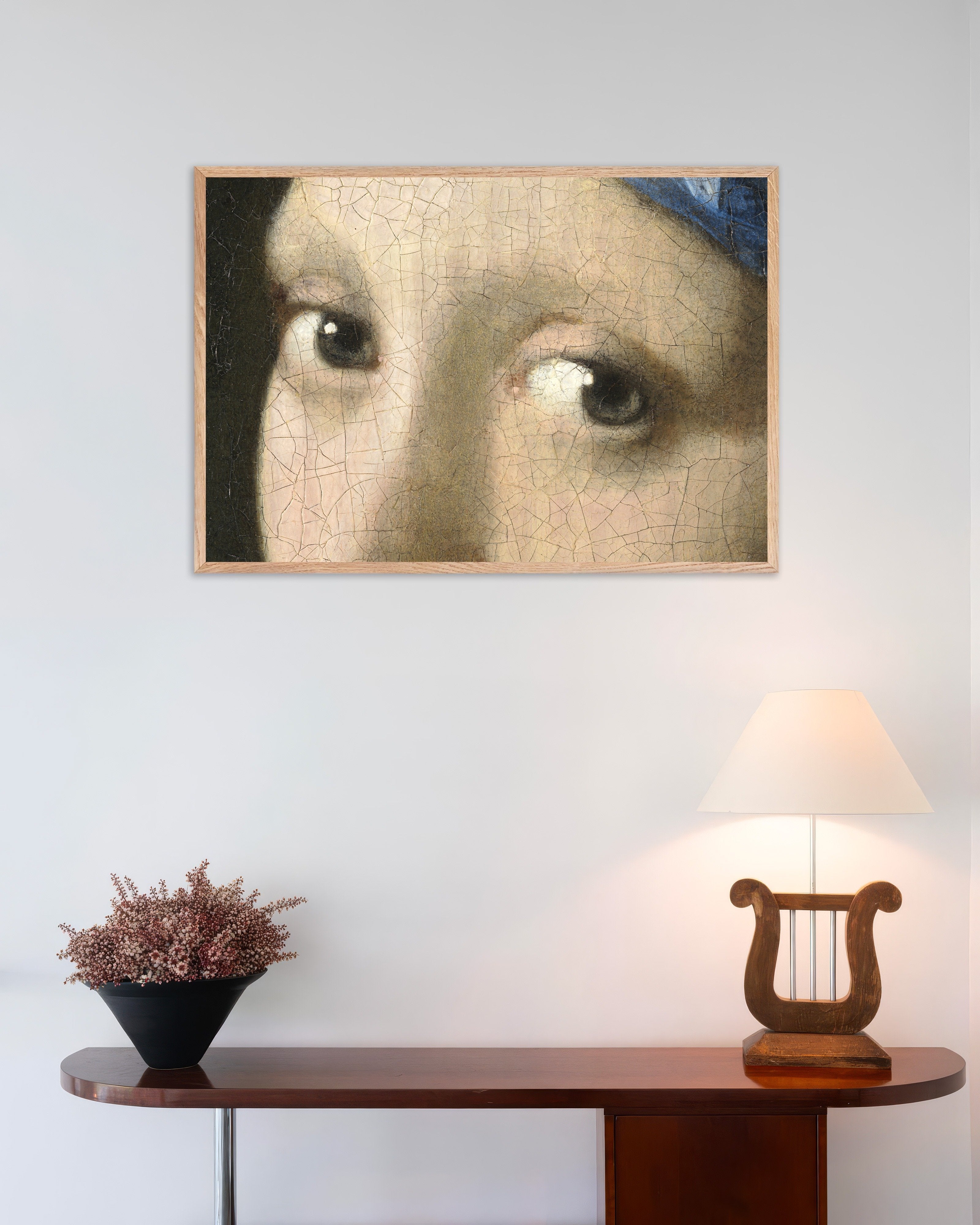 Poster of The Gaze - Eyes from Vermeer’s Girl with a Pearl Earring, with natural wooden frame