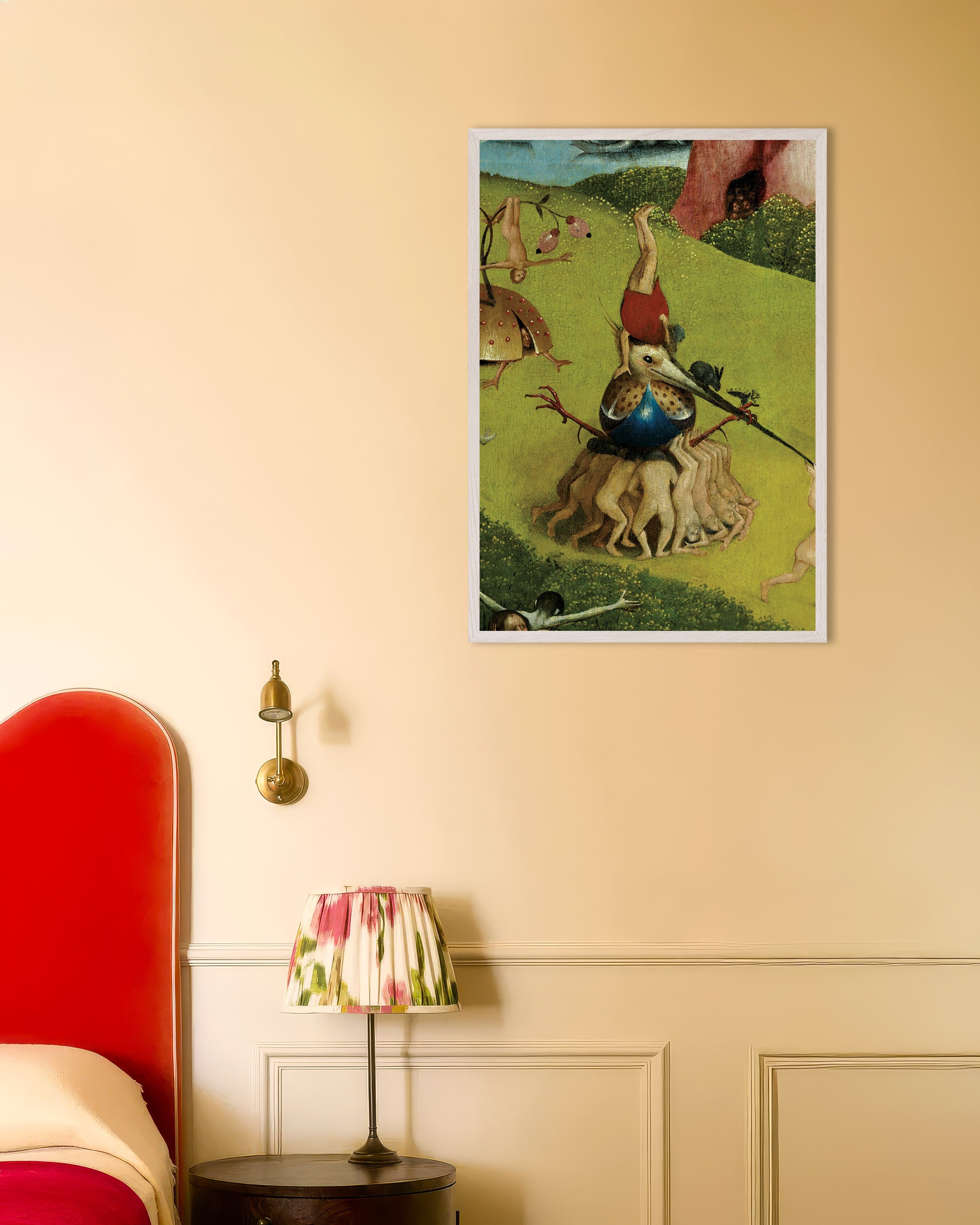 Poster of The giant bird and acrobats - Detail from The Garden of Earthly Delights, with white wooden frame