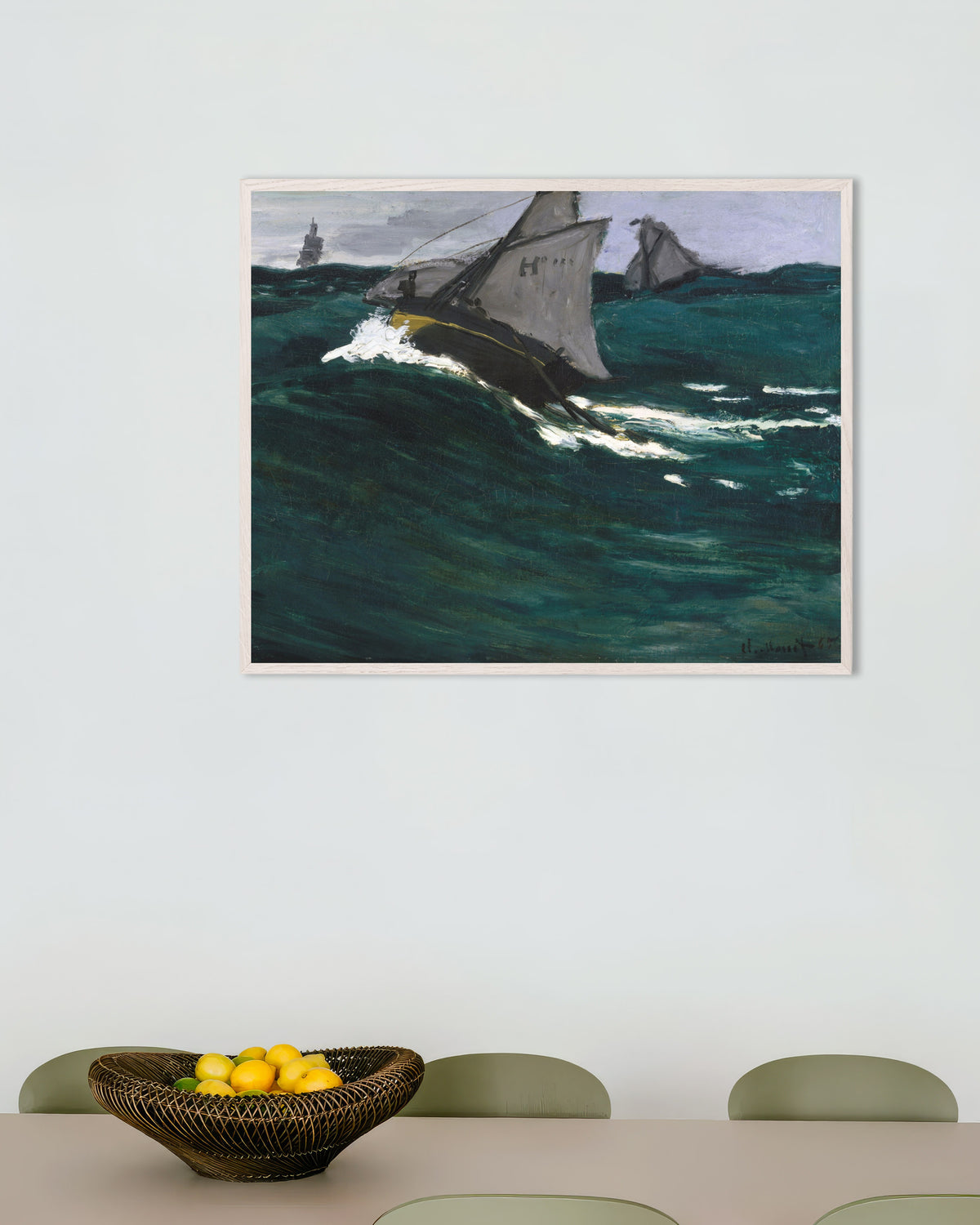 Poster De groene golf (ca. 1866–1867) van Claude Monet met witte houten lijst