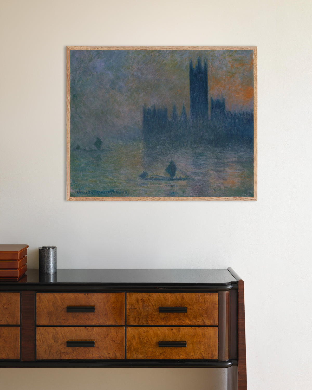 Poster Het parlement, misteffect (1903–1904) van Claude Monet met naturel houten lijst