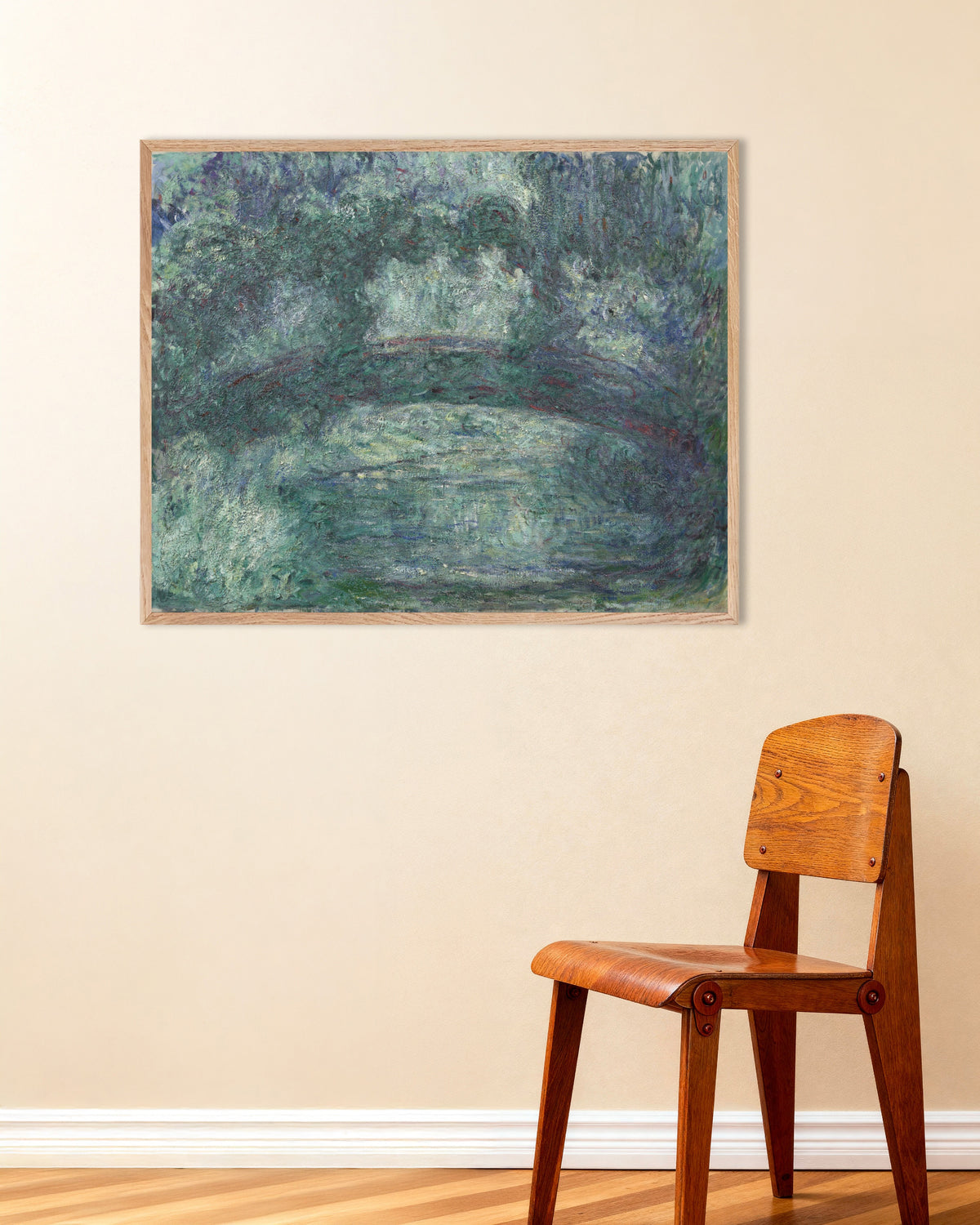 Poster De Japanse brug (1919–1924) van Claude Monet met naturel houten lijst