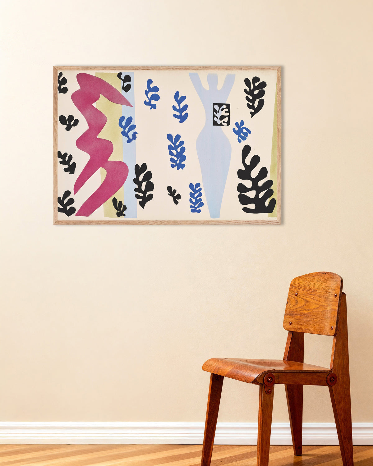 Poster van De Messenwerper (Jazz, 1947) van Henri Matisse, met een lijst van naturel hout