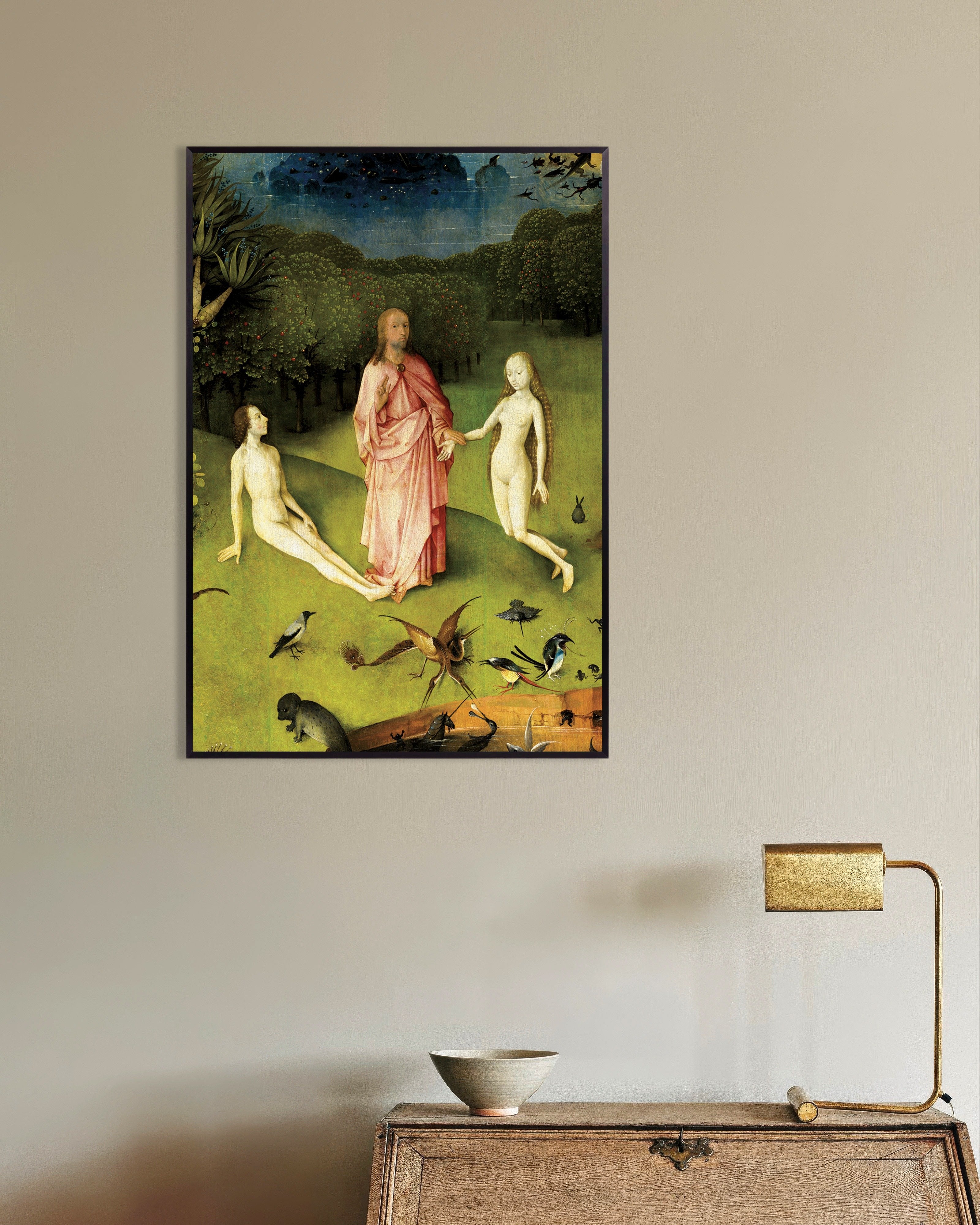 Poster of The meeting in Eden - Detail from The Garden of Earthly Delights, with metal frame