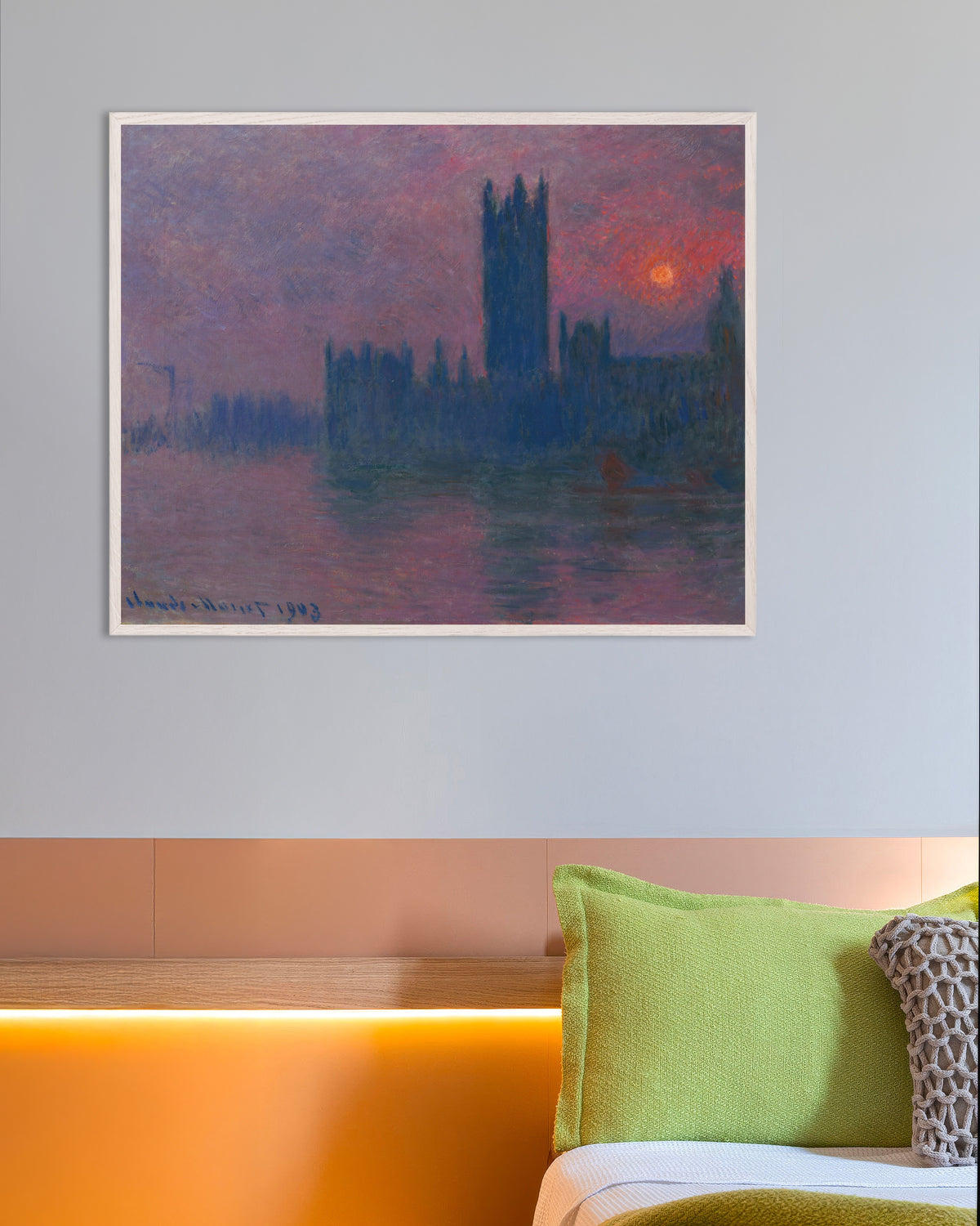 Poster Het parlement, ondergaande zon (1900–1903) van Claude Monet met witte houten lijst
