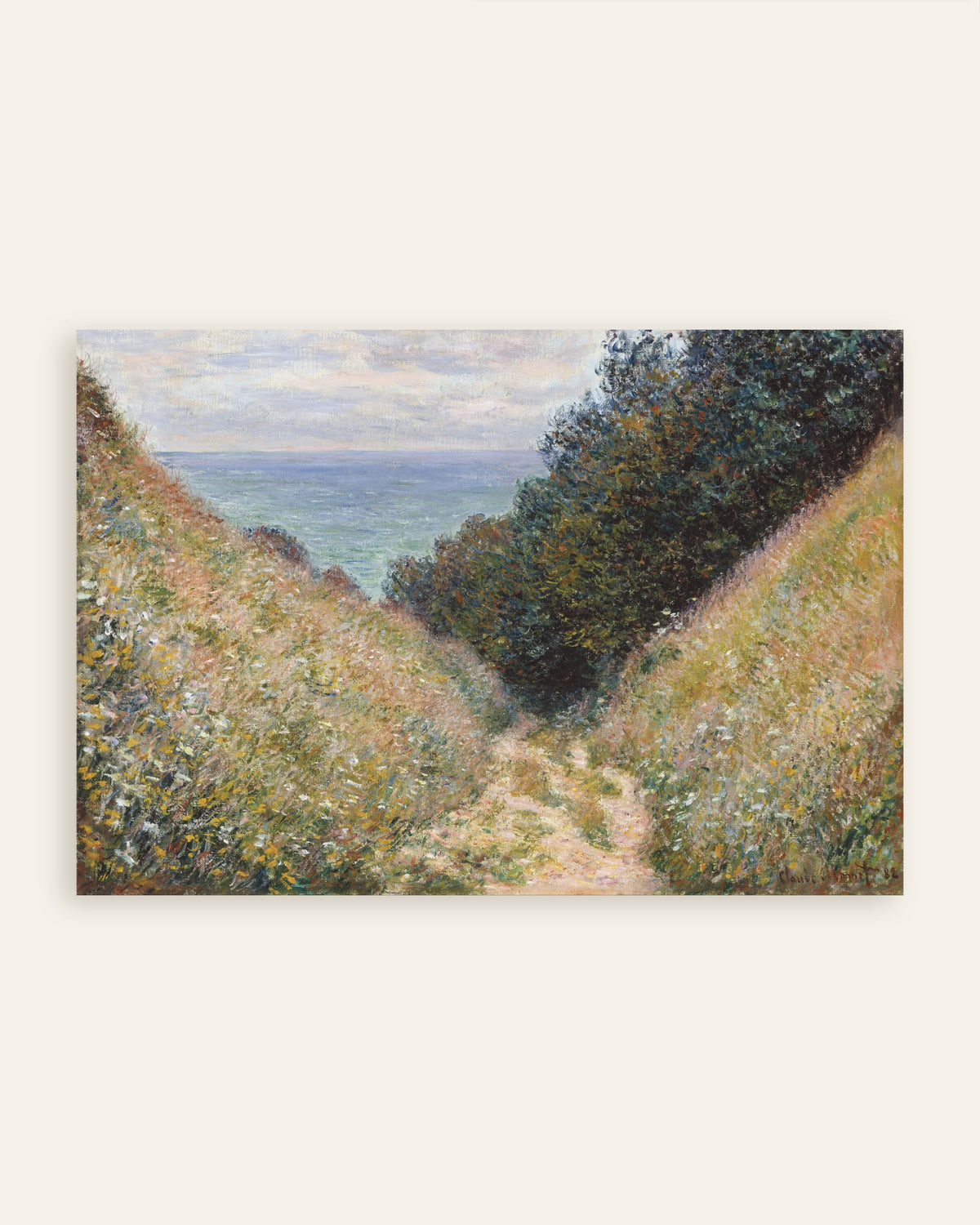 Poster Holle weg bij La Cavée, Pourville (1882) van Claude Monet, miniatuur