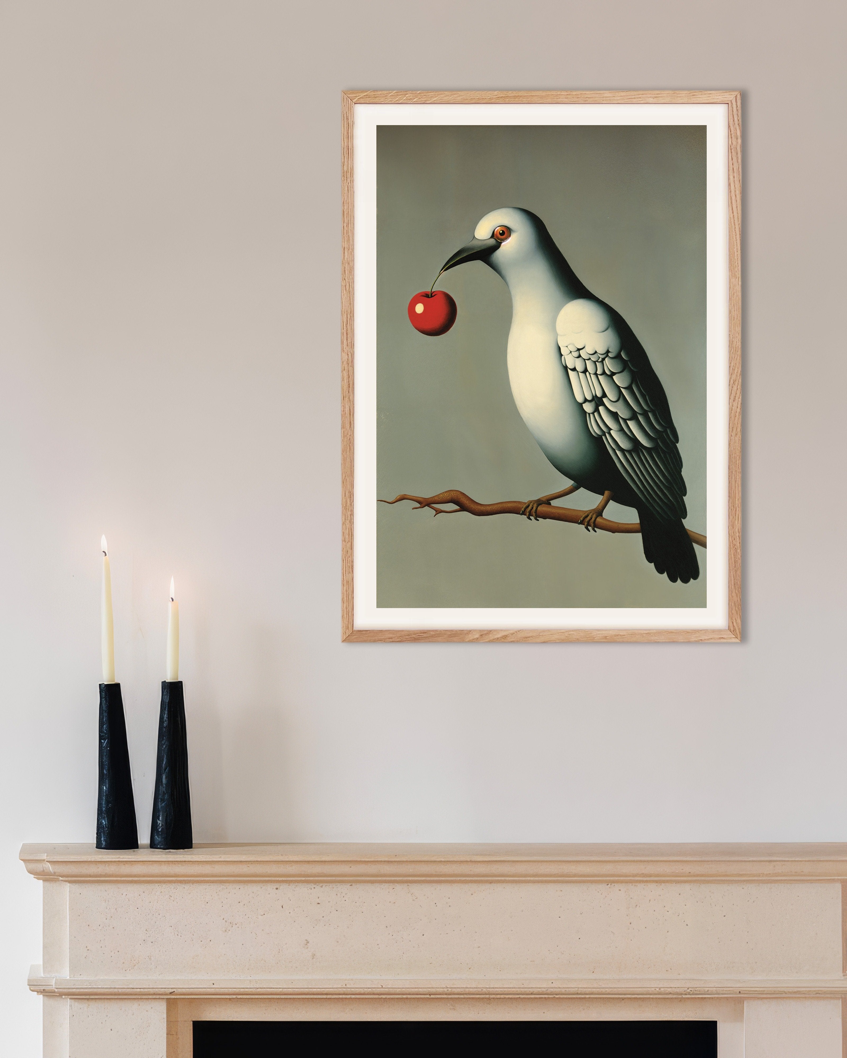 Poster of The Pigeon and the Cherry - Homage to Magritte, with natural wooden frame