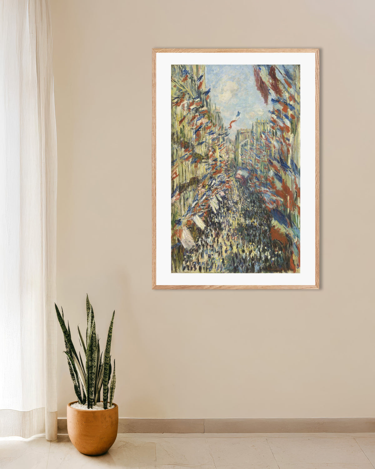 Poster De Rue Montorgueil in Parijs, feest van 30 juni 1878 van Claude Monet met naturel houten lijst