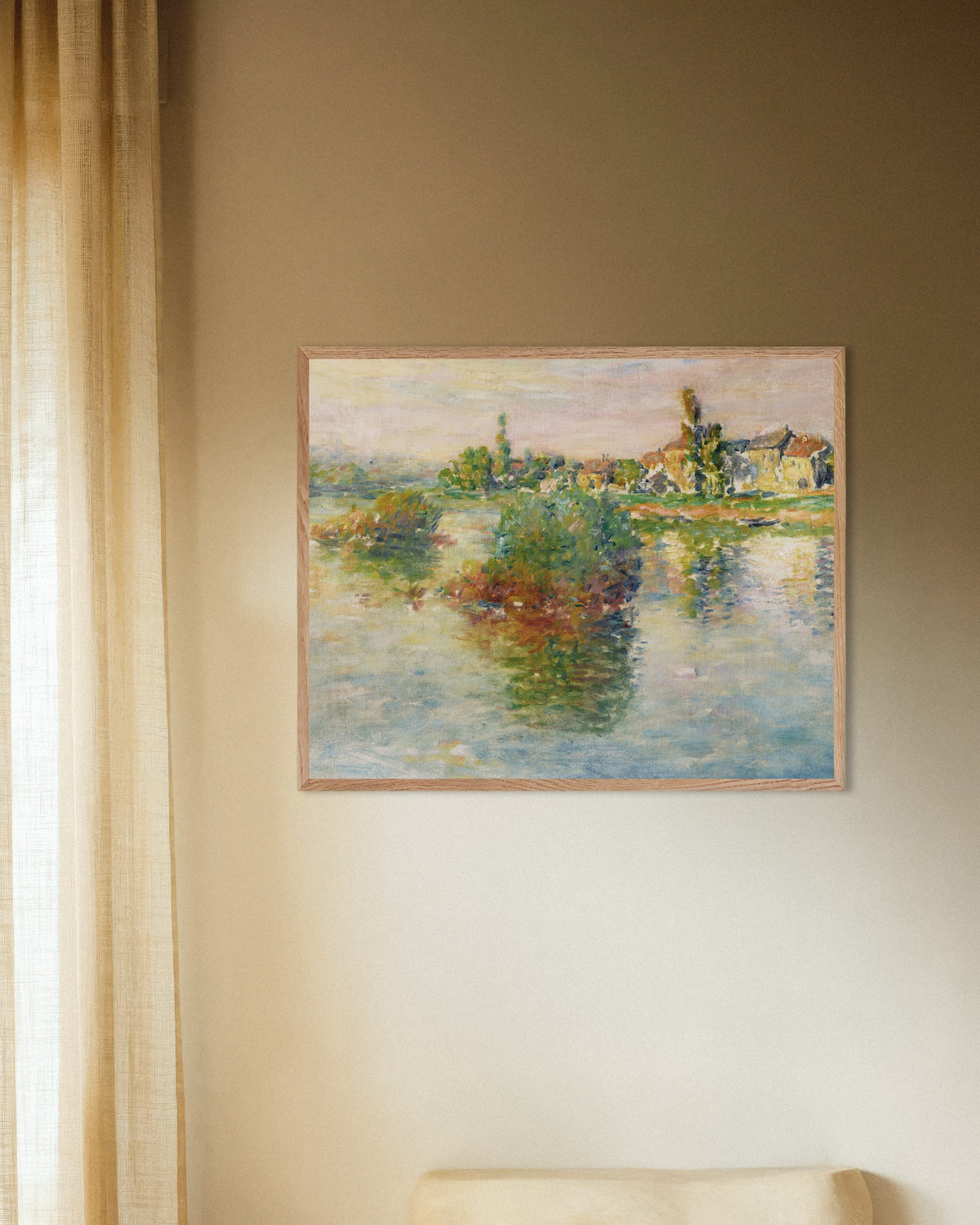 Poster De Seine bij Lavacourt (1879) van Claude Monet met naturel houten lijst