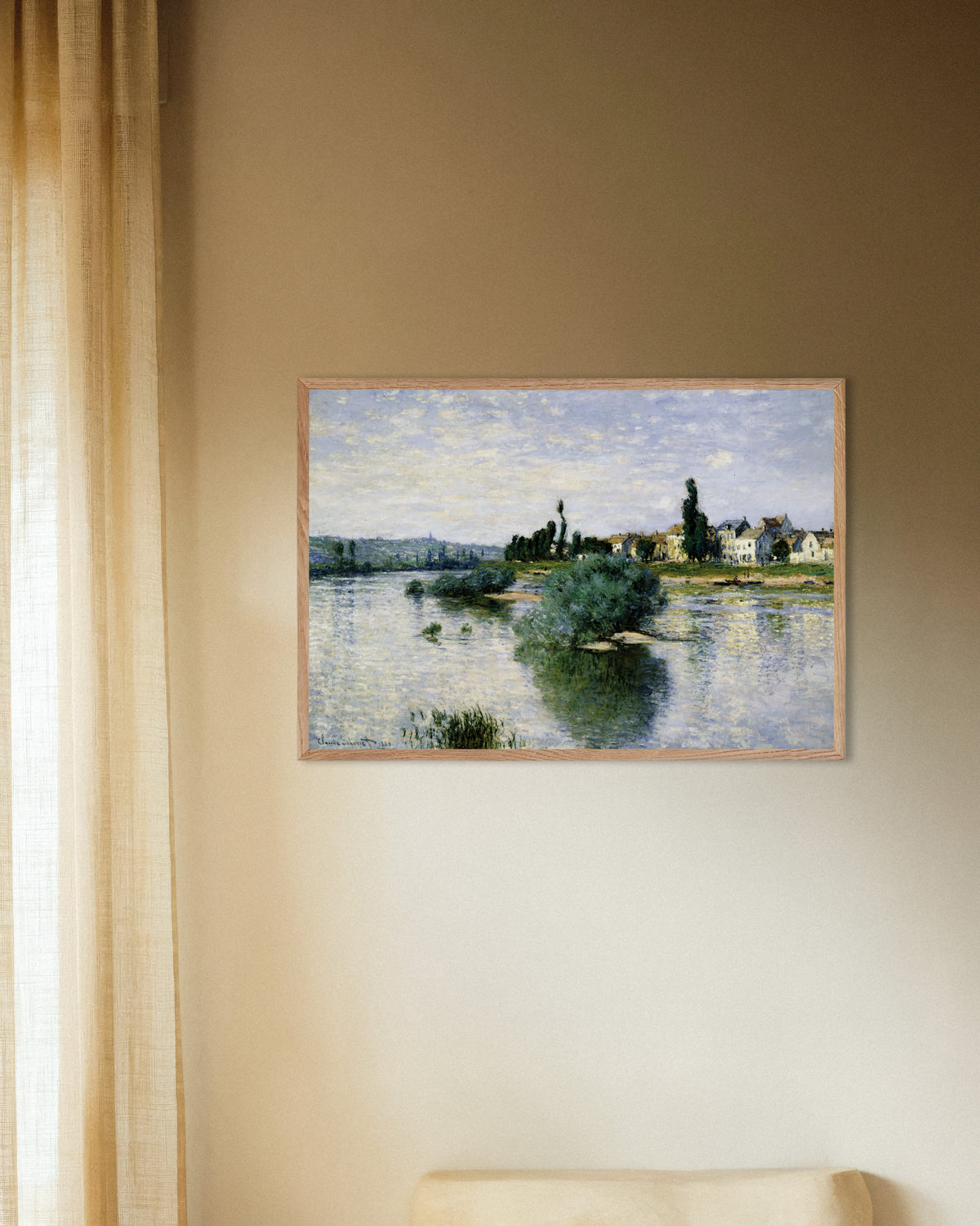 Poster De Seine bij Lavacourt (1880) van Claude Monet met naturel houten lijst
