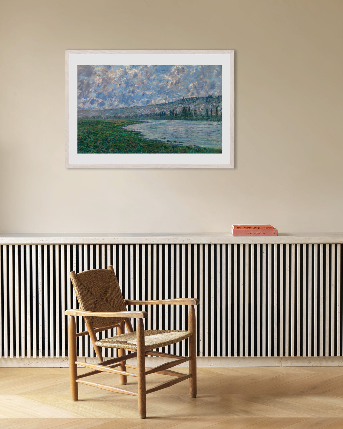 Poster De Seine bij Vétheuil (1880) van Claude Monet met witte houten lijst