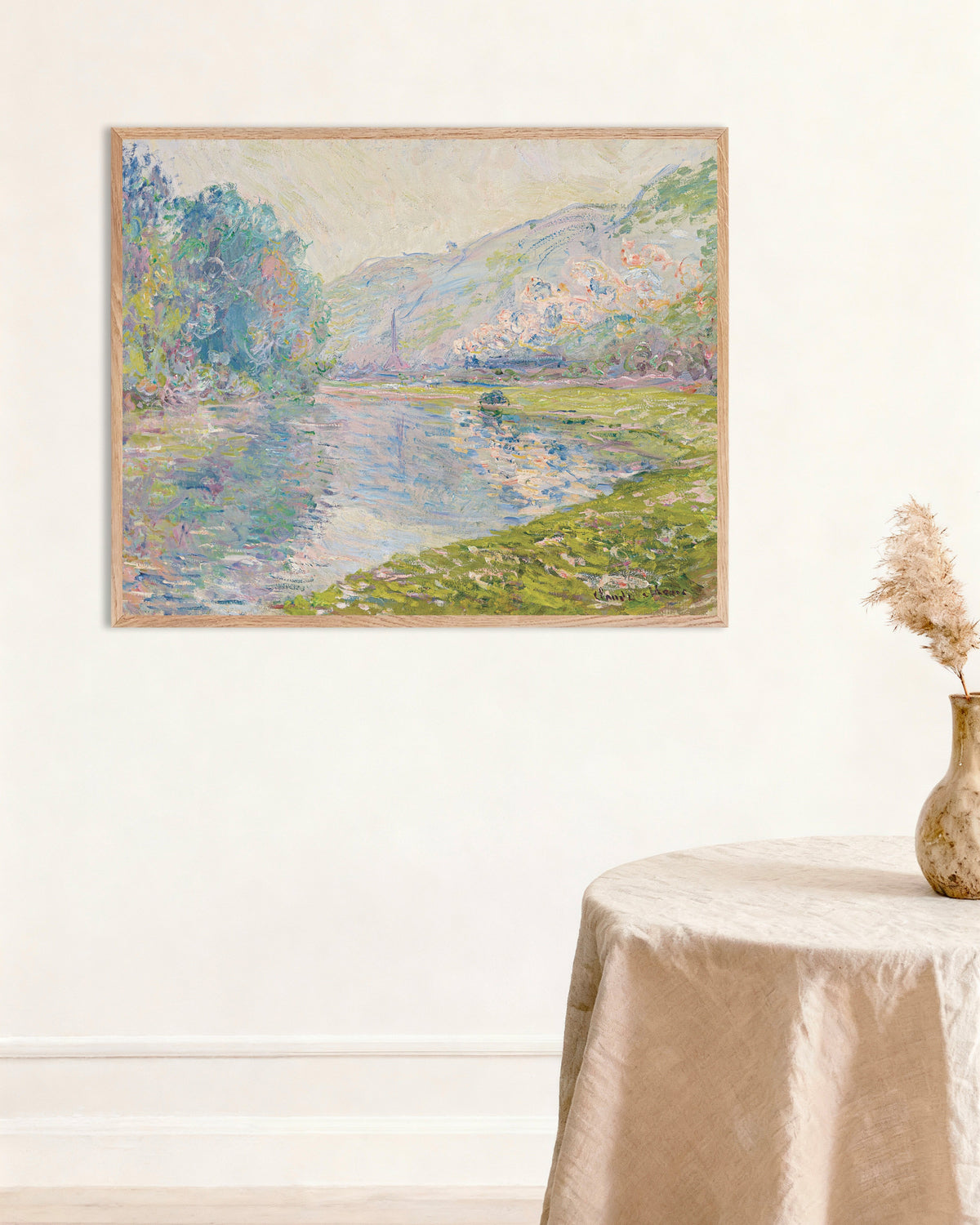 Poster De trein bij Jeufosse (1884) van Claude Monet met naturel houten lijst